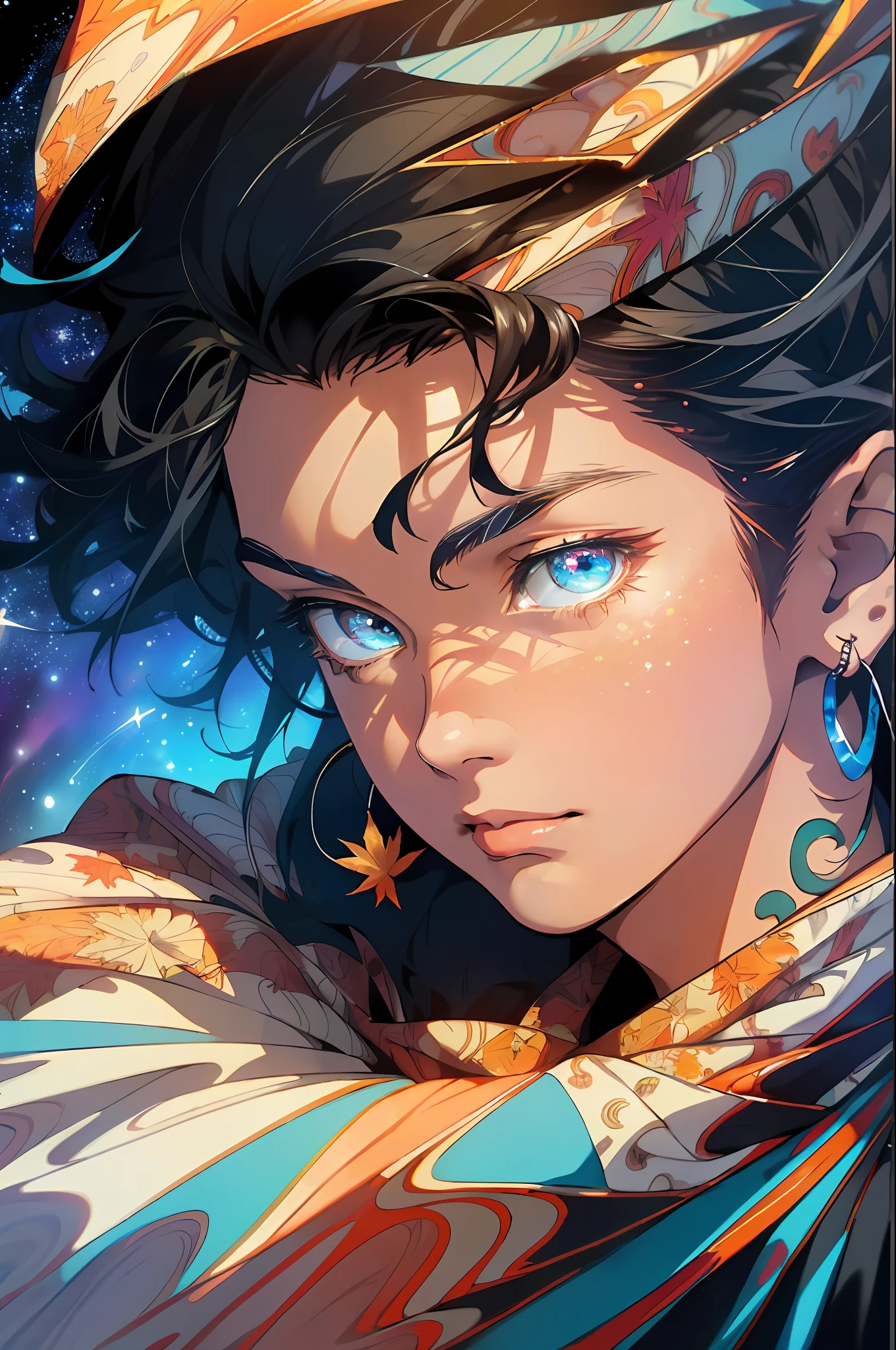 Realistic, (Masterpiece, Top Quality, Best Quality, Official Art, Beauty and Aesthetics: 1.2), Very Detailed, Fractal Art, Colorful, Most Detailed, Zentangle, (Abstract Background: 1.5) (1boy: 1.3), God, Black Hair, Short Hair, (Glowing Blue Eyes), Mysterious, Starry Sky, Handsome Man, (((Maple Leaf))))