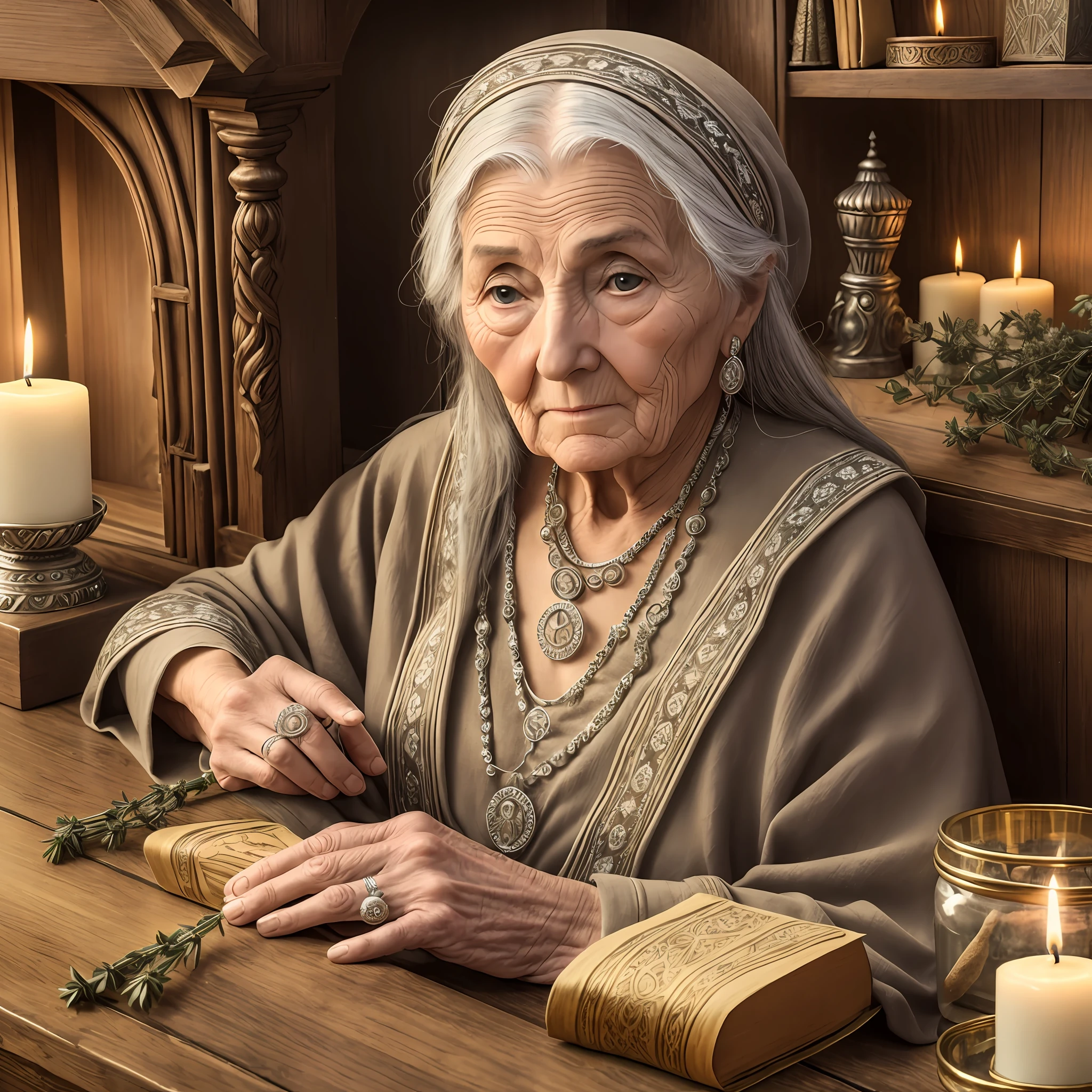 The wise realistic old woman sits in a cozy room, surrounded by flickering candles and mystical artifacts. Focuses on the old woman's hands, adorned with intricate silver rings, holding a bundle of dried herbs, her eyes shimmering with ancient knowledge --auto --s2