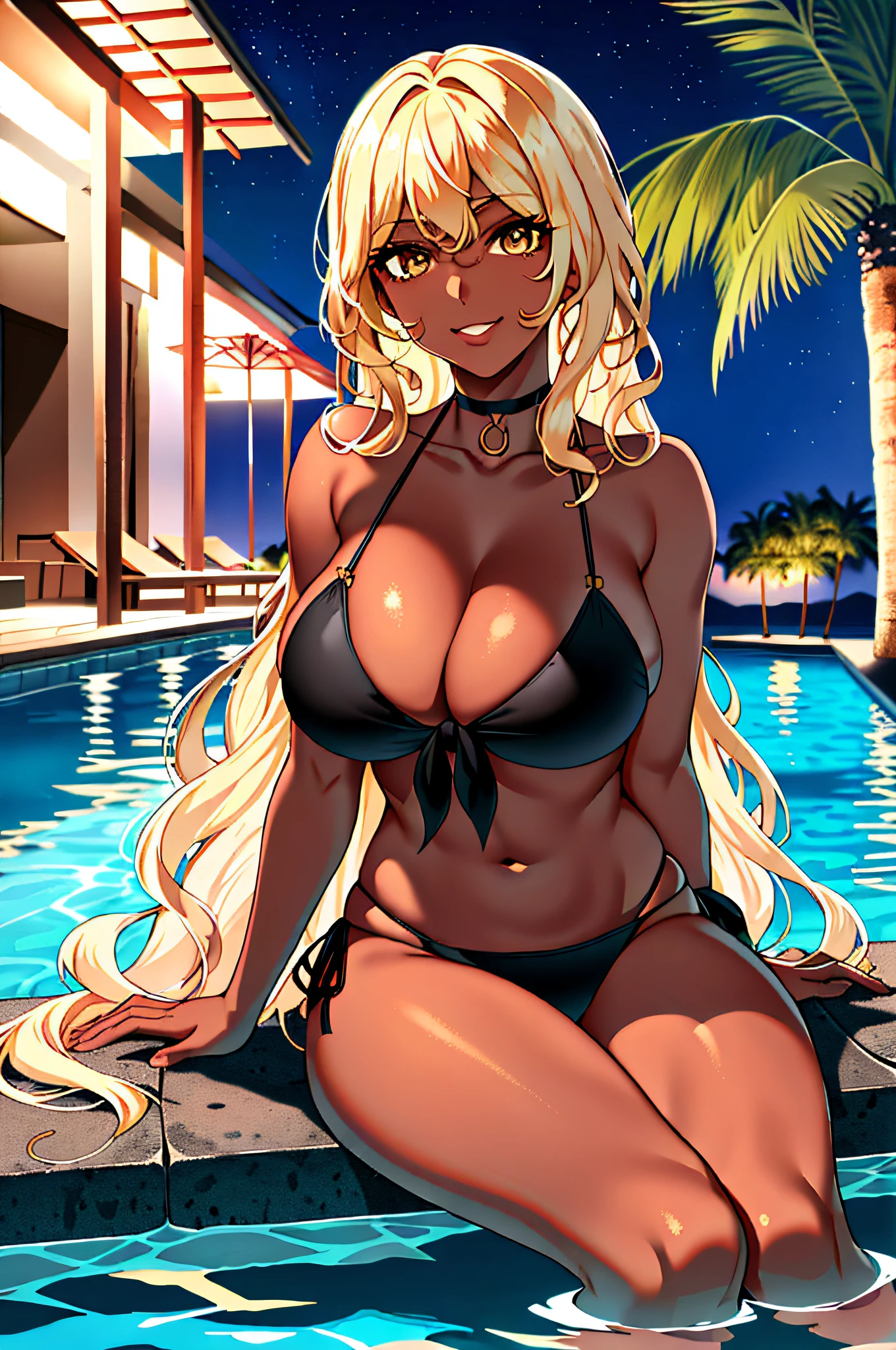 Masterpiece, Fine, High quality, One, Beholder,, Upper body, Tall woman, Wet, Feet in water, Partially submerged, Gal, (Black-skinned woman: 1.4), Hairdressing, (Blonde, Bangs, Very Long Hair: 1.2), (Wavy hair: 1.4), Spread hair, Eyelashes, Cute face, Fine face, Fine eyes, Eye lashes, Brown eyes, Confident smile, Detailed lips, Big breasts, cleavage, skin dent, (choker, black front tie bikini top, black side tie bikini bottom: 1.2), pool, outdoor, night, tropical resort hotel, palm tree, bush, rock, wooden floor, beautiful detailed night sky, bungalow