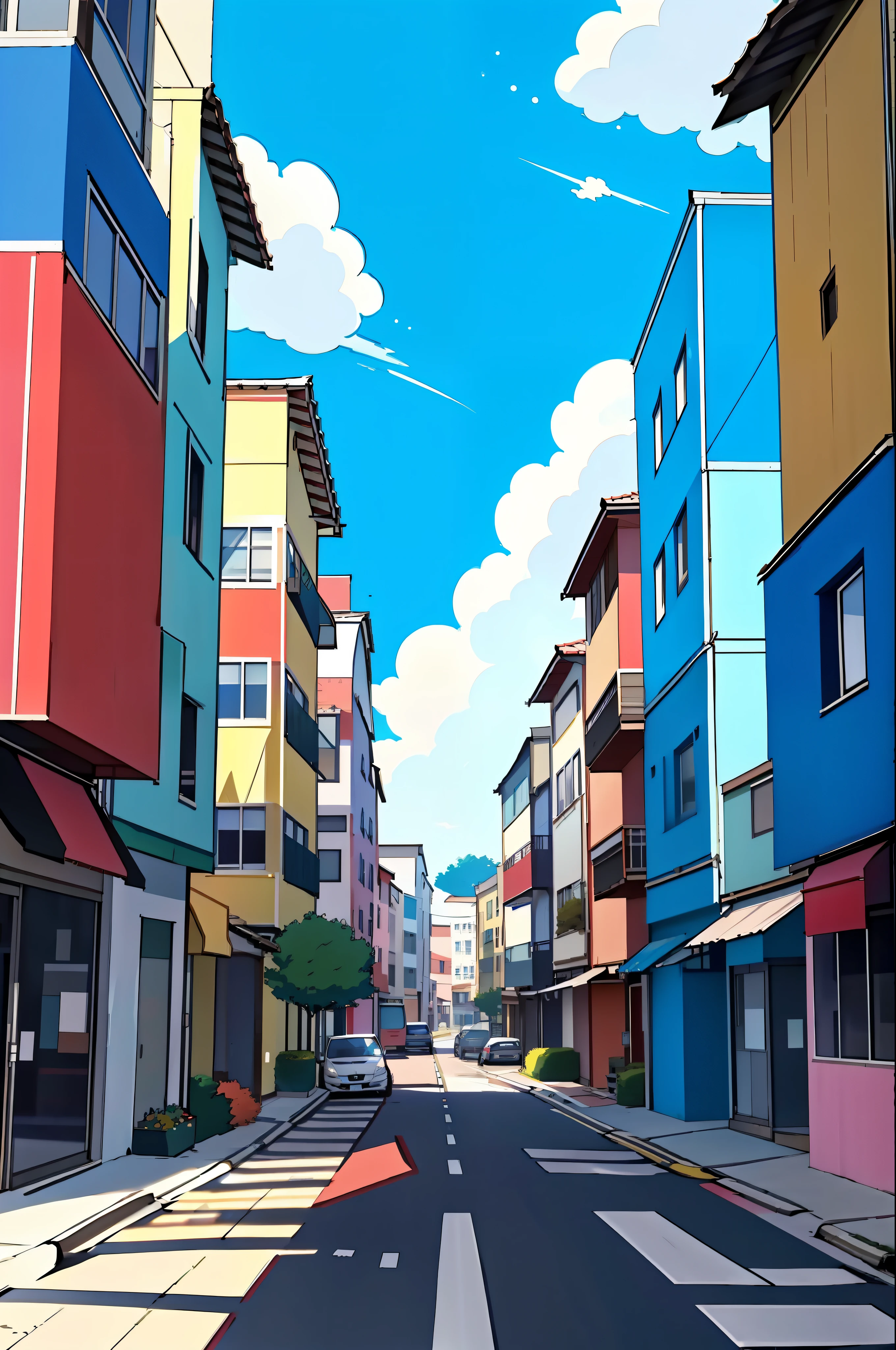 Generate an anime-style artwork depicting a bustling street scene with buildings in the background. The image should be colorful and in an anime art style. It should portray a daytime setting with a clear blue sky. The scene should capture the movement of cars passing by. The image should be captured at a low angle and have a 16:9 aspect ratio.