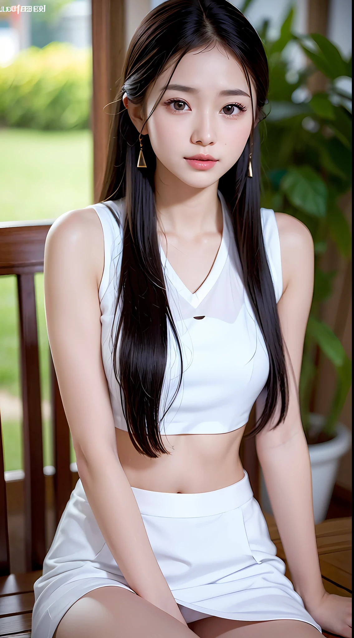 (yinchuan:1.5), close-up, masterpiece, best quality, raw photo, photorealistic, big breasts, beautiful face, soft smile, 20-year-old girl, belly button look, white mini skirt, beautiful long legs, middle hair depth of field, high resolution, ultra detail, fine detail, very detailed, highly detailed eyes and face, sharp pupils, realistic pupils,