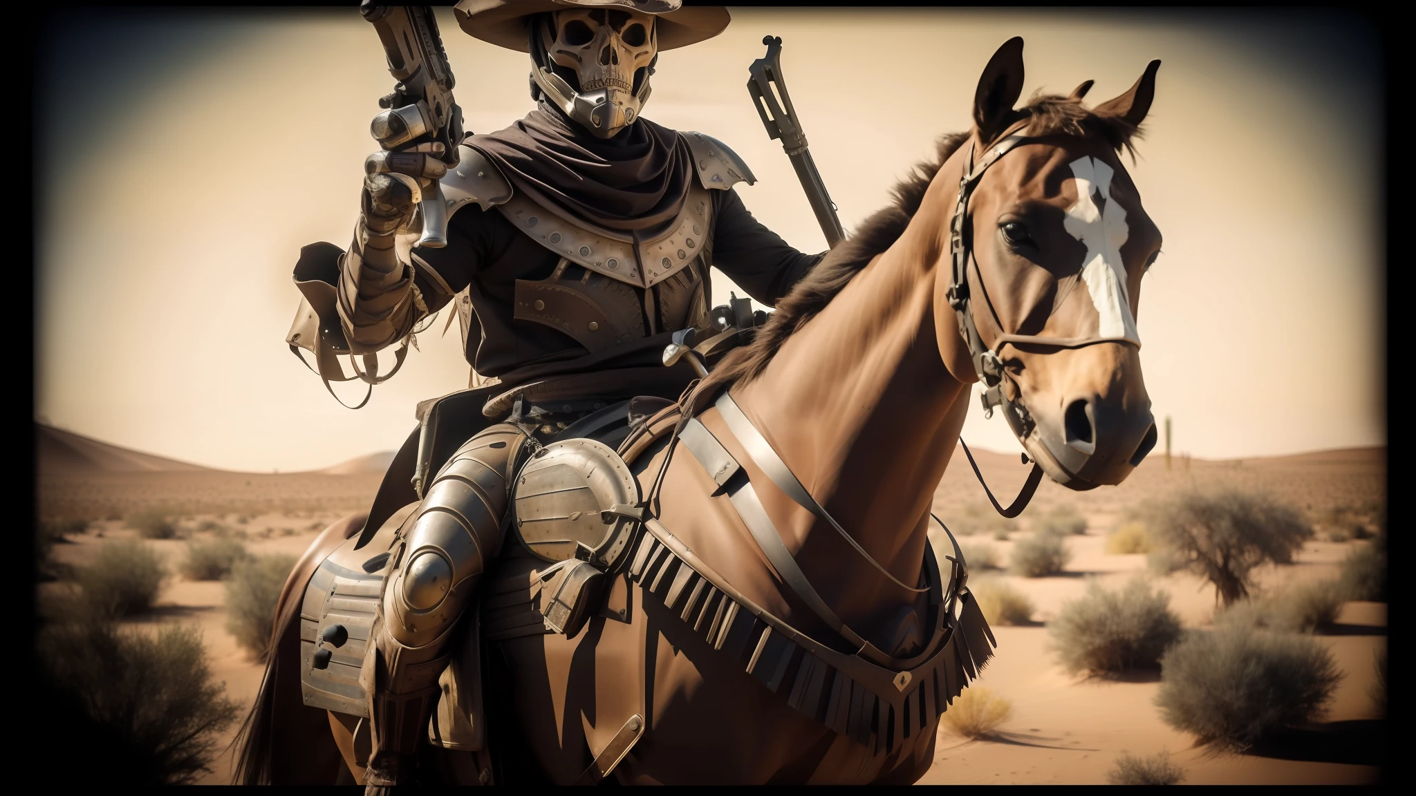 araffe dressed in a skeleton costume riding a horse in the desert, from a 2 0 1 9 sci fi 8 k movie, symmetrical dieselpunk warrior, still frame from a movie, dual wielding large revolvers, cosplay photo, pierre pellegrini and ash thorp, a character portrait, oilpunk