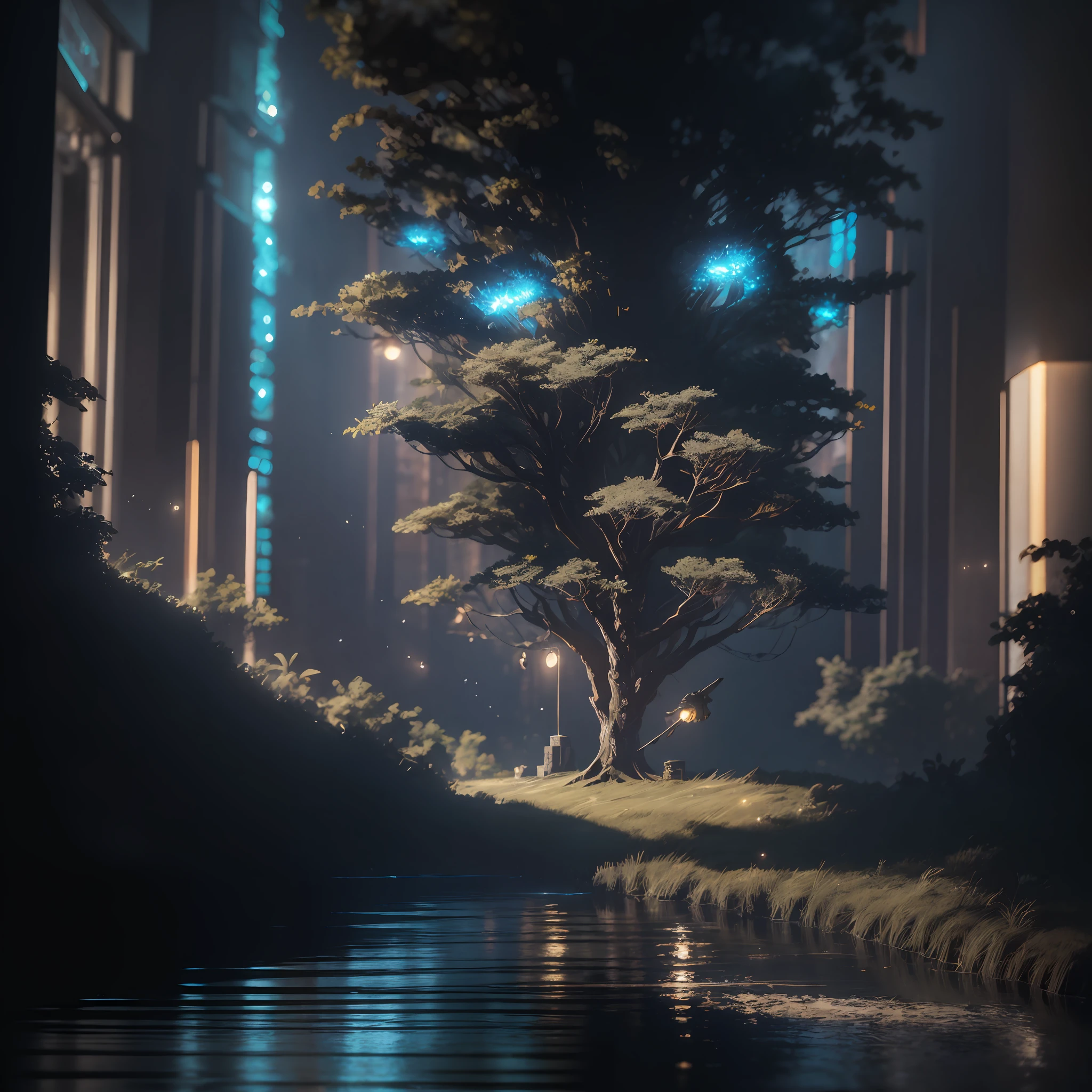 Masterpiece, best quality, (very detailed CG unity 8k wallpaper), (best quality), (best illustration), (best shadows), glow sprite, with a glowing deer, in the swimming pool Drinking water, natural elements in the forest theme. Mysterious forest, beautiful forest, nature, surrounded by flowers, delicate leaves and branches surrounded by fireflies (natural elements), (jungle theme), (leaves), (twigs), (fireflies), (particle effects) etc. 3D , Octane rendering, ray tracing, super detailedSky, Clouds, holding_weapon, no_humans, Glow, giant mechanical _ trees , city with tall trees _Architecture, “sky, cloud, glowing, big trees ,comunity,joy, ghost elephants, robot, cybernetic _trees, tree_mech, sci-fi, cityscape, realistic, mechanical” Science Fiction, Cities, Rendered in Octane, hyper realistic, 8k, epic composition, cinematic, octane render, artstation landscape vista photography by Carr Clifton & Galen Rowell, 16K resolution, Landscape veduta photo by Dustin Lefevre & tdraw, 8k resolution, detailed landscape painting by Ivan Shishkin, DeviantArt, Flickr, rendered in Enscape, Miyazaki, Nausicaa Ghibli, Breath of The Wild,,trending in artstation, cgsociety, 8k post-processing highly detailed,Junji Murakami, Mucha Klimt, Sharandula, Hiroshi Yoshida, Tom Bagshaw, Ross Tran, Artgerm,Craig Mullins,dramatic,Junji Murakami, moody lighting rendered by octane engine,characters 8K symmetrical arstation, cape,cinematic lighting, intricate details, 8k detail post processing, hyperealistic, octane rend, Zdzisław Beksiński style, ar 2:3 Reality Reality –auto –v6 –s2Finetuned Model Leon --auto --s2