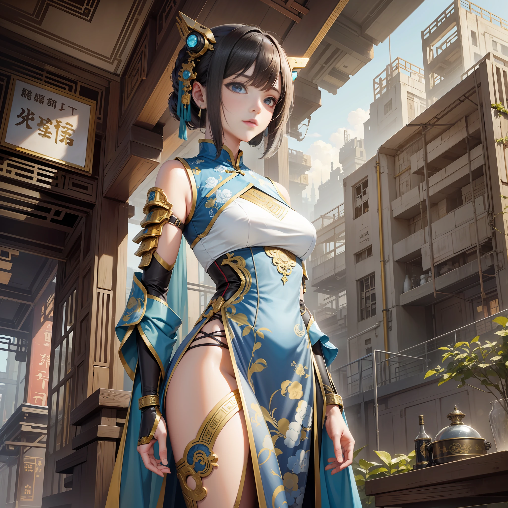 Science fiction style, futuristic world, 1 girl, chinoiserie, ancient costume, mechanical limbs,