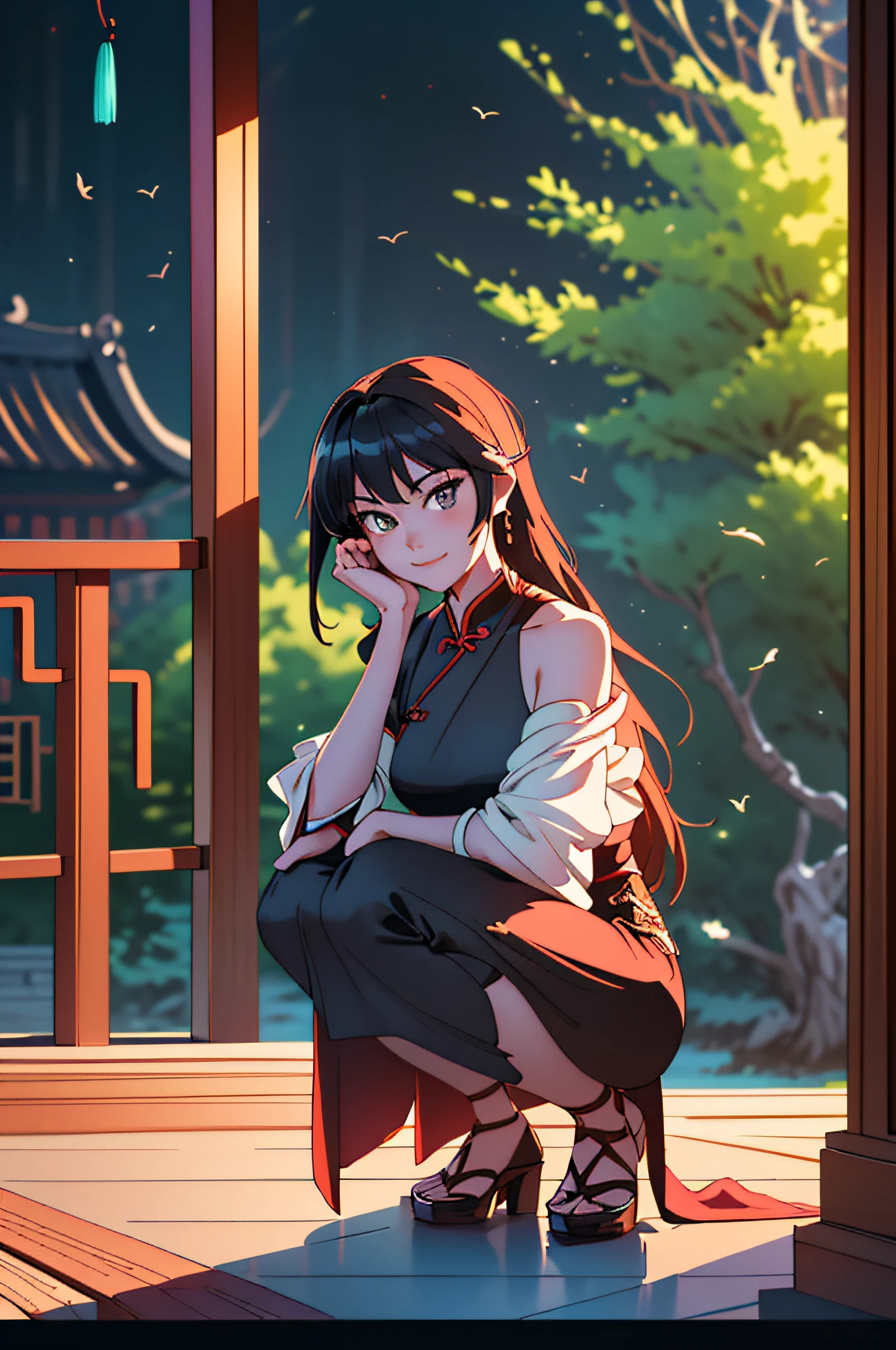Unparalleled masterpiece, ultra-realistic 8k CG, perfect artwork, (((Perfect female figure)),, (Chinese dress)), Thin waist, Chinese god, ((body bent forward)), (crotch open)), (underwear visible), seductive posture, sexy pose, charming, clean, beautiful face, pure face, thin skin, ridiculously long hair, goddess, shiny skin, Skindentation, Delicate Patterns, Intricate Details, (Rich: 1.4), Fantasy, God, Clean, Rich, Prestige, Fantastic, Best, Vertex, Paramount, Goddess, Lace, Lace Trim, Delicate Pattern, Shiny Skin, Gold, Royal, Queen, Supernatural, Phenomenal, Wonderful, Spotlight, Highly Detailed Face, Super idol face, messy hair, perfect lighting, (more light), (((very delicate and beautiful)), dramatic_shadow, ray_tracing, seductive smile, ((squatting, full body, looking at the viewer, heel of the strap, POV)), ancient chinese background, chinese pattern, shawl, feather robe, hanf, detailed clothes, chinese pattern dress, (indoor + dark atmosphere +Chinese courtyard + pond + pavilion + peace + bridge + tree),