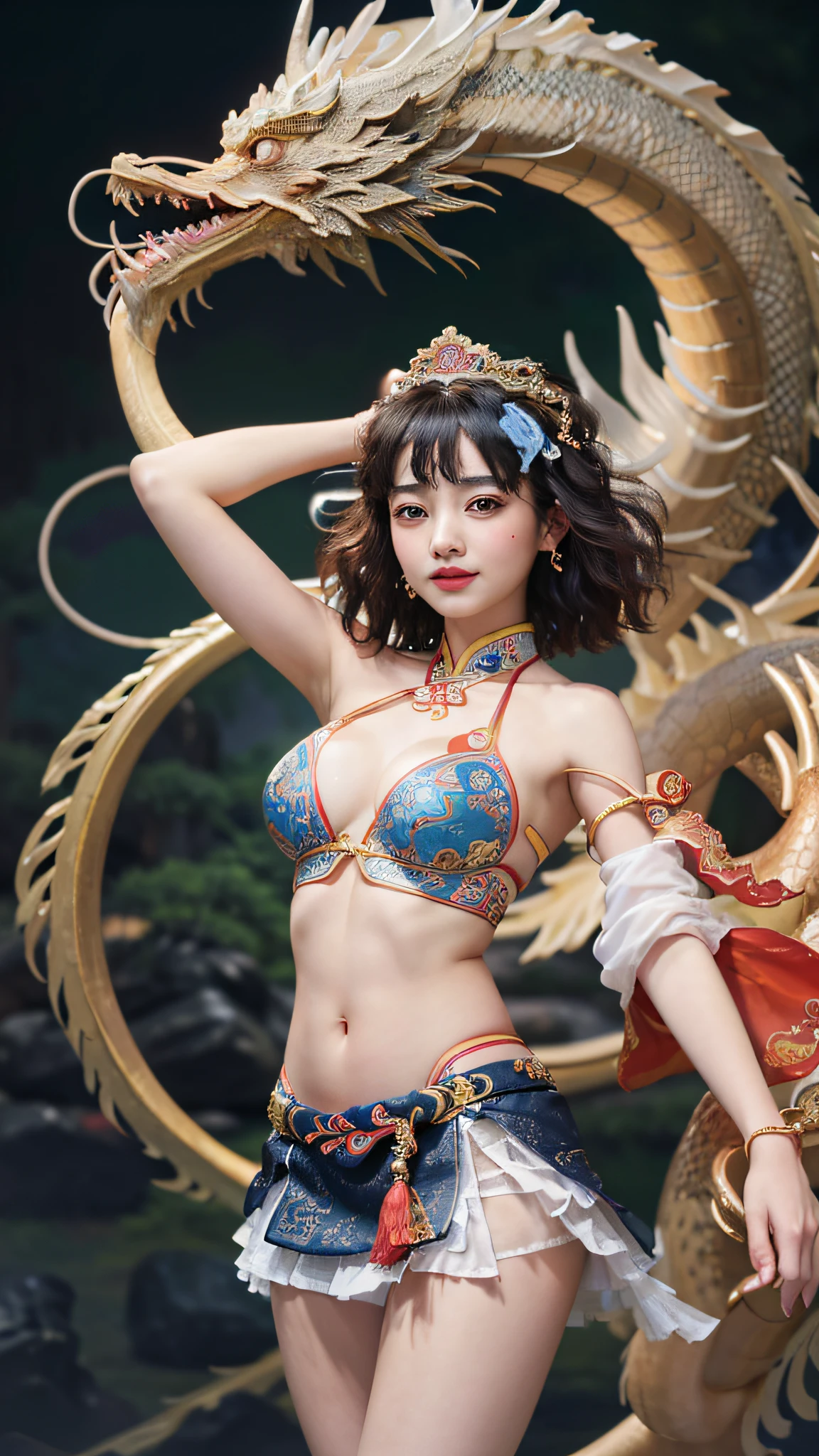 Official Art, Unified 8K Wallpapers, Ultra Detailed, Beautiful and Aesthetic, Masterpiece, Best Quality, (Zentangle, Tangle, Entangle), (fractal art: 1.4), 1girl, black hair, Chinese, bare shoulders, short skirt, calf, navel, very detailed, dynamic angle, cowboyshot, (most beautiful form chaos), flowing, (bright colors), oc, (half: 1.2), china, (thangka flying sky: 1.5), (ribbon: 1.3), (dream: 1.5), (hanfu: 1.5), Chinese dragon, Chinese phoenix, (smile: 0.5), (Chinese deity),