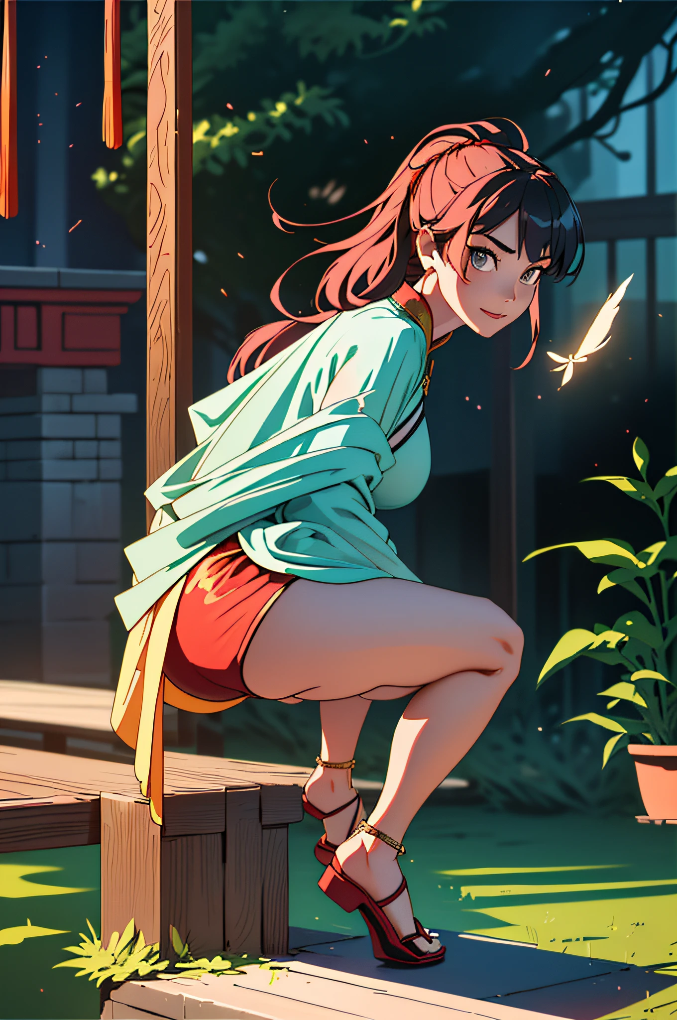 Unparalleled masterpiece, ultra-realistic 8k CG, perfect artwork, (((Perfect female figure)),, (Chinese dress)), Thin waist, Chinese god, ((bent forward and bent over)), ((crotch open)), (Underwear visible), Seductive posture, Sexy pose, attractive, clean, beautiful face, pure face, thin skin, ridiculously long hair, goddess, shiny skin, Skindentation, Delicate Patterns, Intricate Details, (Rich: 1.4), Fantasy, God, Clean, Rich, Prestige, Fantastic, Best, Vertex, Paramount, Goddess, Lace, Lace Trim, Delicate Pattern, Shiny Skin, Gold, Royal, Queen, Supernatural, Phenomenal, Wonderful, Spotlight, Highly Detailed Face, Super idol face, messy hair, perfect lighting, (more light), (((very delicate and beautiful)), dramatic_shadow, ray_tracing, seductive smile, ((squatting, full body, looking at the viewer, heel of the strap, POV)), ancient chinese background, chinese pattern, shawl, feather robe, hanf, detailed clothes, chinese pattern dress, (indoor + dark atmosphere +Chinese courtyard + pond + pavilion + peace + bridge + tree),