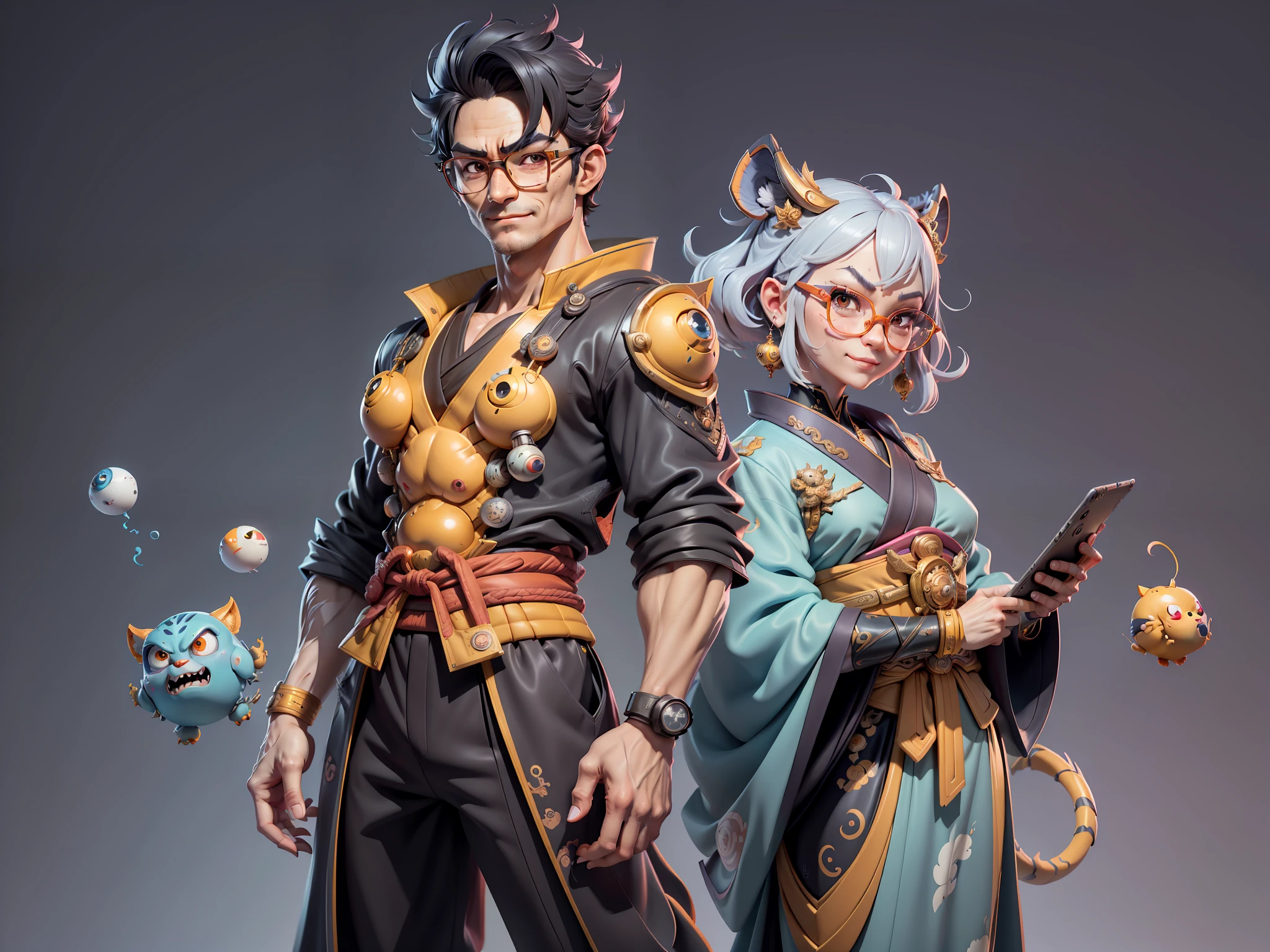 (Masterpiece), (Excellent), (Super Meticulous), (Full Body: 1.2), Super Young Man with Japanese Female Geisha, Pretty, Beautiful, Chinese Dragon, Tiger, Wind God Thor, Sexy, Bursting, Oriental Face, TV Anchor, Bust Portrait Illustration, Black Suit, Blue Tie, Slightly Chubby Face, Silver Glasses, Very Clean Face, No Beard on Chin, Black Super Short Hair, Black Eyes, Confident Smile, 3c Computer Sub-Products, iPad, iPhone, Digital Painting, 3D character design by Mark Clairedon and Pixar and Hayao Miyazaki and Akira Toriyama, the illustrations are HD illustrations in 4K resolution with highly detailed facial features and cartoon-style visuals.