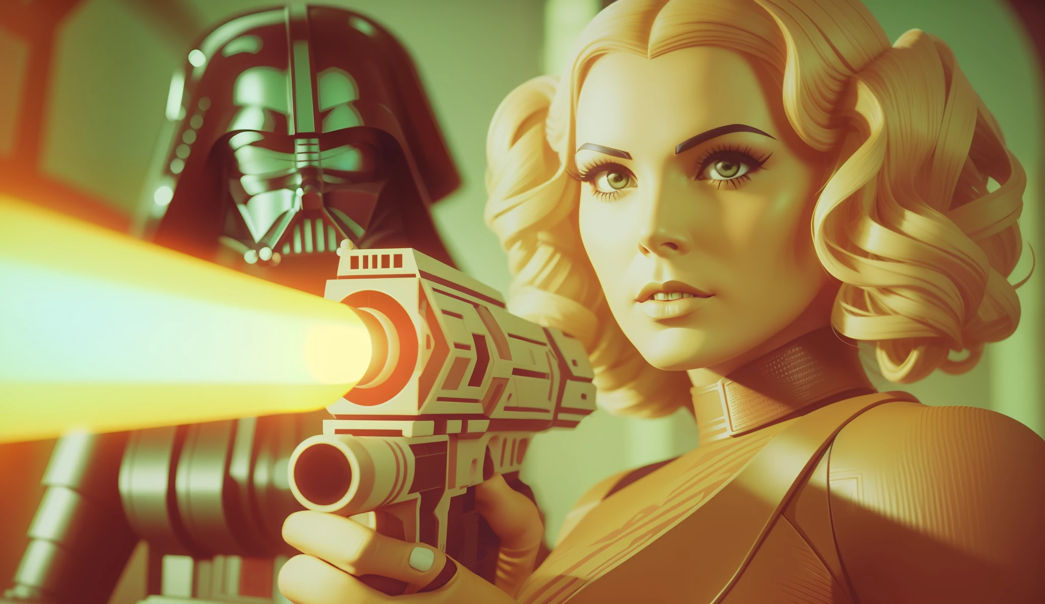 a woman holding a gun in front of a star wars character, a comic book panel by Ed Paschke, zbrush central, retrofuturism, reimagined by industrial light and magic, 1970s, behance hd