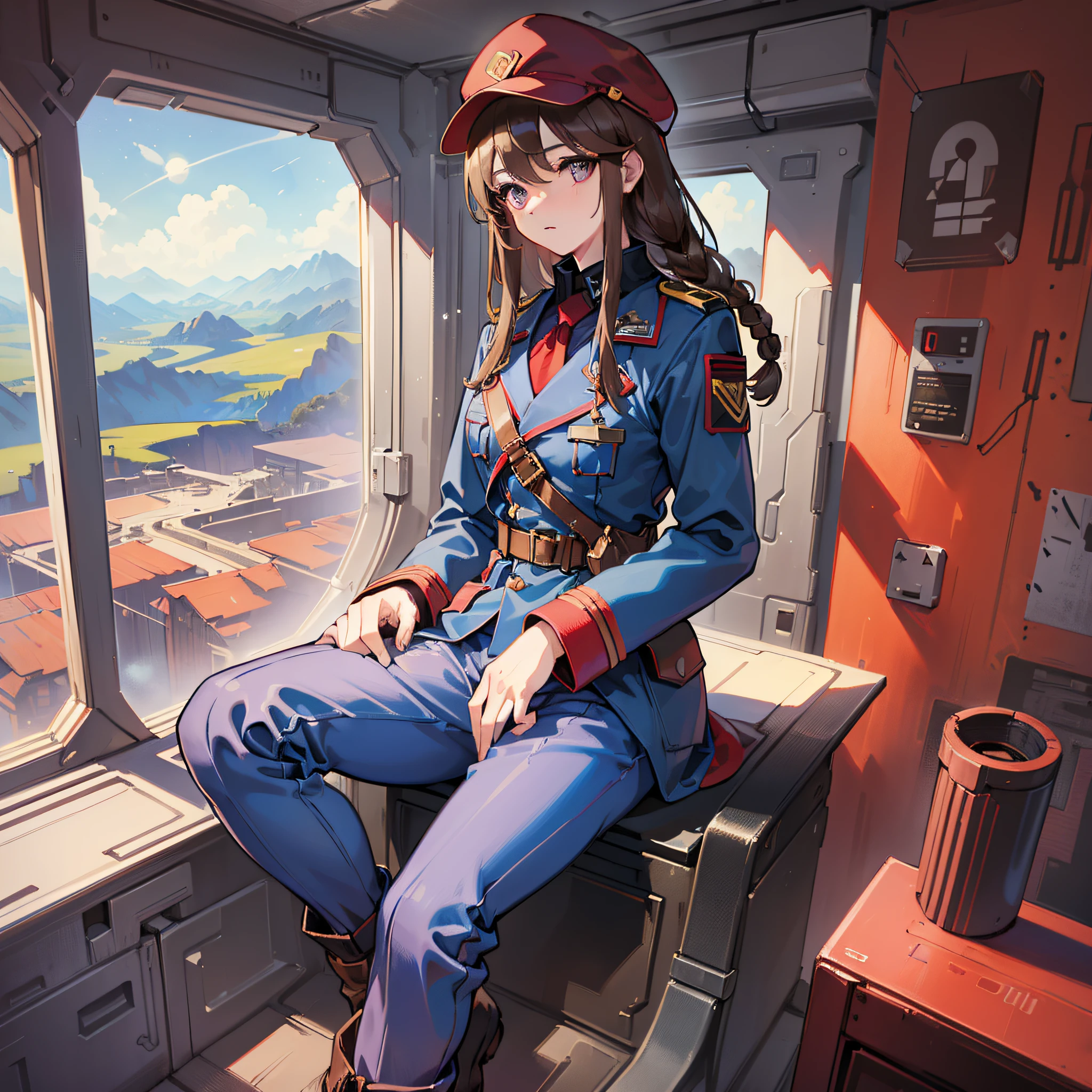 ((Masterpiece)), ((Best Quality)), ((Best Quality)), (((Illustration of one girl)), Neutral, Full body, ((Brown-haired semi-long)), ((Brown-haired semi-long)), ((Left side of face, braid)), Purple eyes, (((Tall)), muscular strong body, (Manspreading)), (Army uniform)), (Army Uniform)), (Army Coat)), (Dark blue clothing), ( dark blue pants), ((red military cap)), ((red hat)), ((red hat)), trench coat, ((inside a spaceship)), (outside the window, space, earth seen from space)