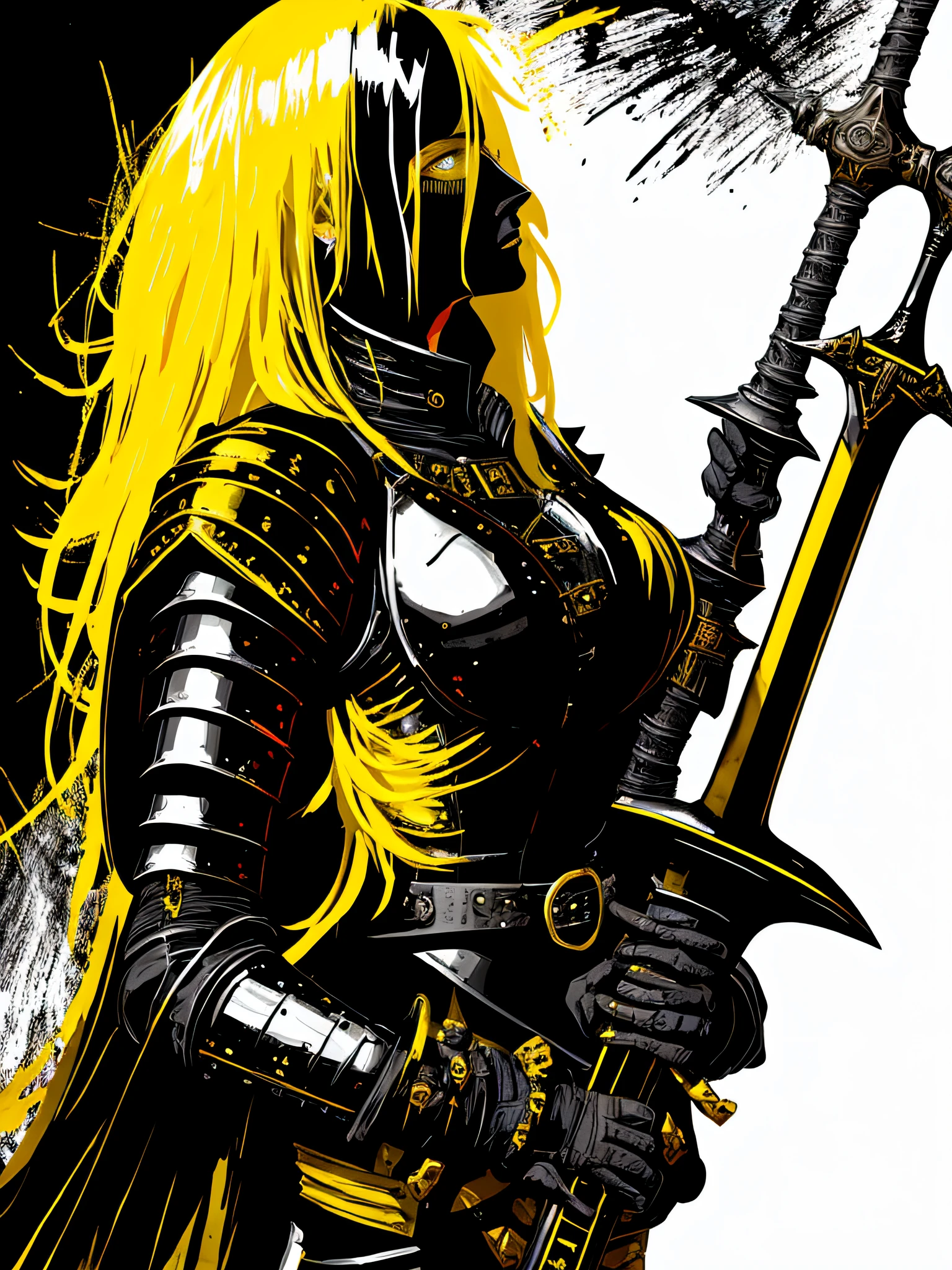 yellow and black, a medieval blonde woman black knight with a big sword, in the style of Mork Borg, strong contrast, grunge dirty punk splash art, zine black metal