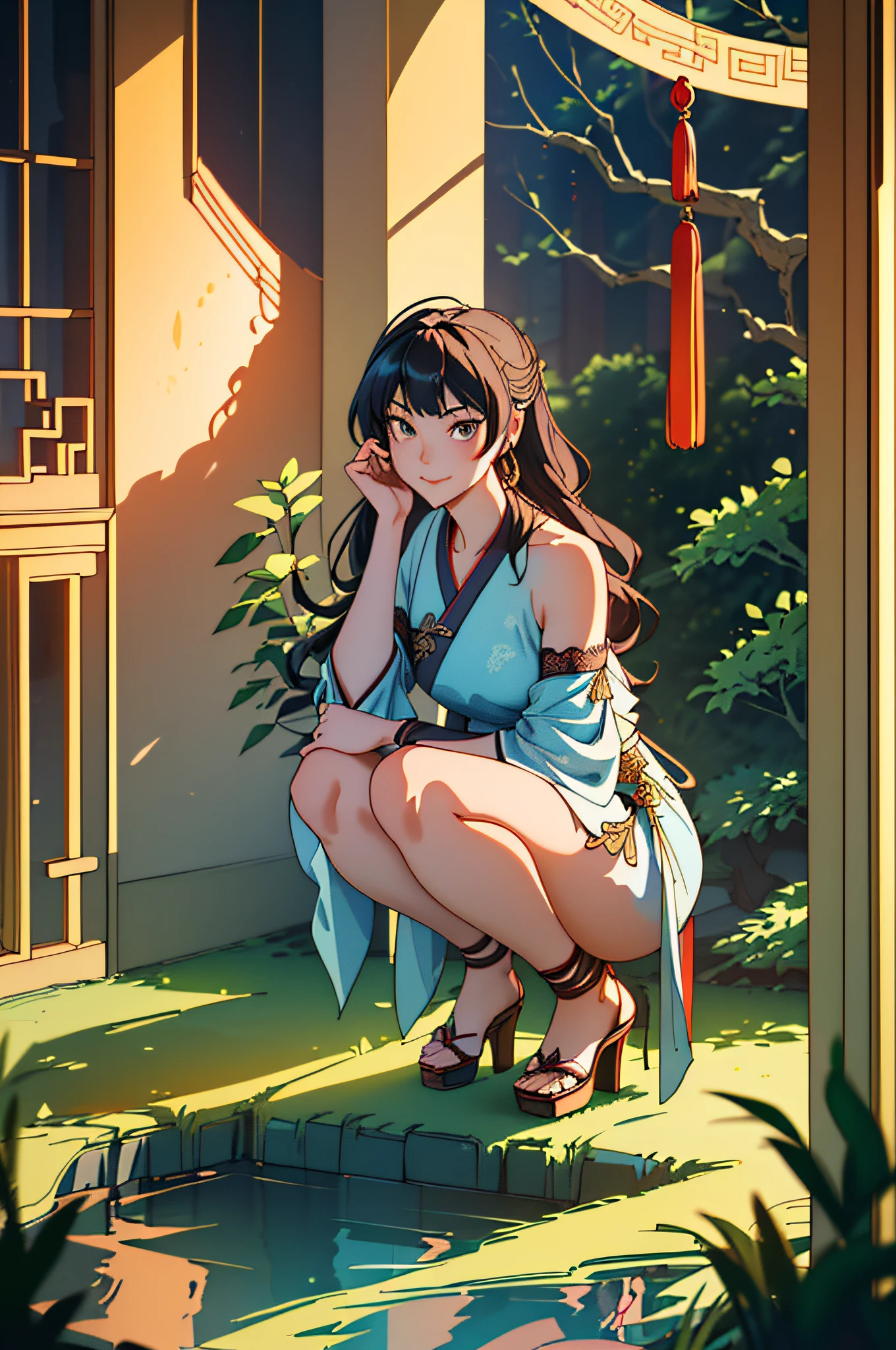 Unparalleled masterpiece, ultra-realistic 8k CG, perfect artwork, (((Perfect Female Figure)),, Chinese Dress, Kung Fu Pose, Thin Waist, Chinese God, Seductive Posture, Sexy Pose, Attractive, Clean, Beautiful Face, Pure Face, Thin Skin, Ridiculously Long Hair, Goddess, Shiny Skin, Skindentation, Delicate Patterns, Intricate Details, (Rich: 1.4), fantasy, god, clean, rich, prestige, fantastic, best, apex, paramount, goddess, lace, lace trim, delicate pattern, shiny skin, gold, royal, queen, supernatural, astounding, wonderful, spotlight, highly detailed face, super idol face, messy hair, perfect lighting, (more light), ((very delicate and beautiful)), dramatic_shadow, ray_tracing, seductive smile, ((squatting, full body, looking at the viewer, strap heels, POV)), ancient chinese background, chinese pattern, shawl, feather goromo, hanf, detailed clothes, chinese pattern dress, (indoor + dark atmosphere + chinese courtyard + pond + pavilion + peace + bridge + tree),