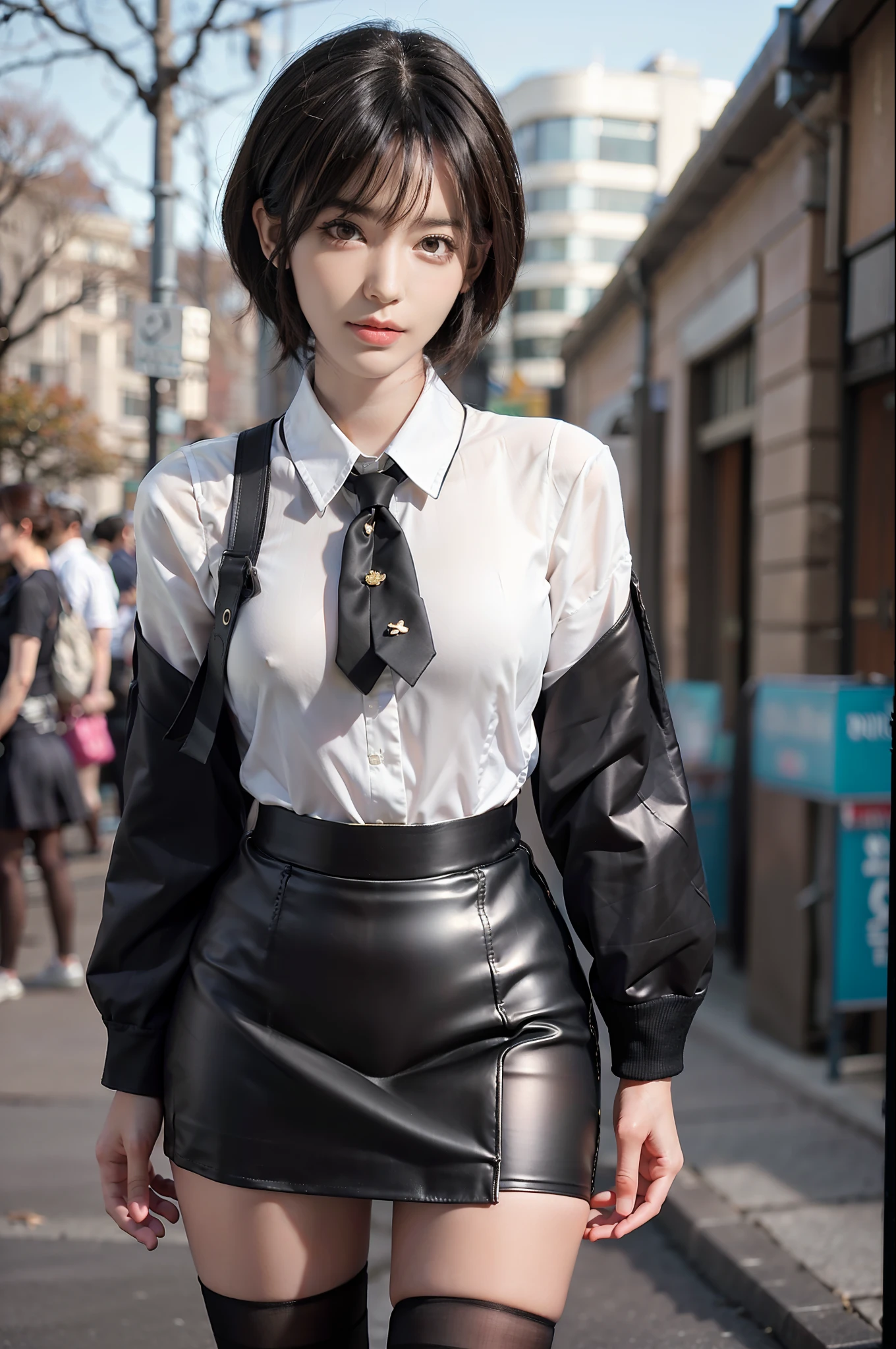 Pretty girl standing, thin legs, high heels on the ground, on the road, (masterpiece:1.3), (8k, photorealistic, RAW photo, best quality: 1.4), (1girl), beautiful face, (realistic face), (black hair, short hair:1.3), beautiful hairstyle, realistic eyes, Beautiful detail eyes, realistic skin, beautiful skin, super high resolution, super realistic, very detailed, golden ratio, cute, cute schoolgirl, wearing jk uniform, surreal high school girl, short skirt, tight skirt, pantyhose, black stockings, full body view, thin arms, long hair, big tits