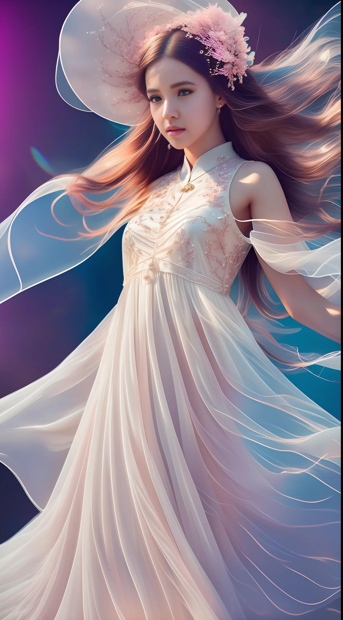 (8k, RAW photo, photorealistic:1.25), ( lip gloss, eyelashes, glossy side, shiny skin, best quality, ultra high resolution, depth of field, chromatic aberration, caustics, wide light, natural shadows, headwear, Kpop idol), (dreamy and romantic compositions: 1.5), light pink style, 1girl, (sky witch: 1.5), tall and thin beauty goddess, flowing dress, conservative girl, cloud goddess, flowing white fabric, wearing flowing dress, realistic, blue sky in background, (wind: 1.5), (full body: 1.5), looking up at the shot, walking towards the camera --auto --s2