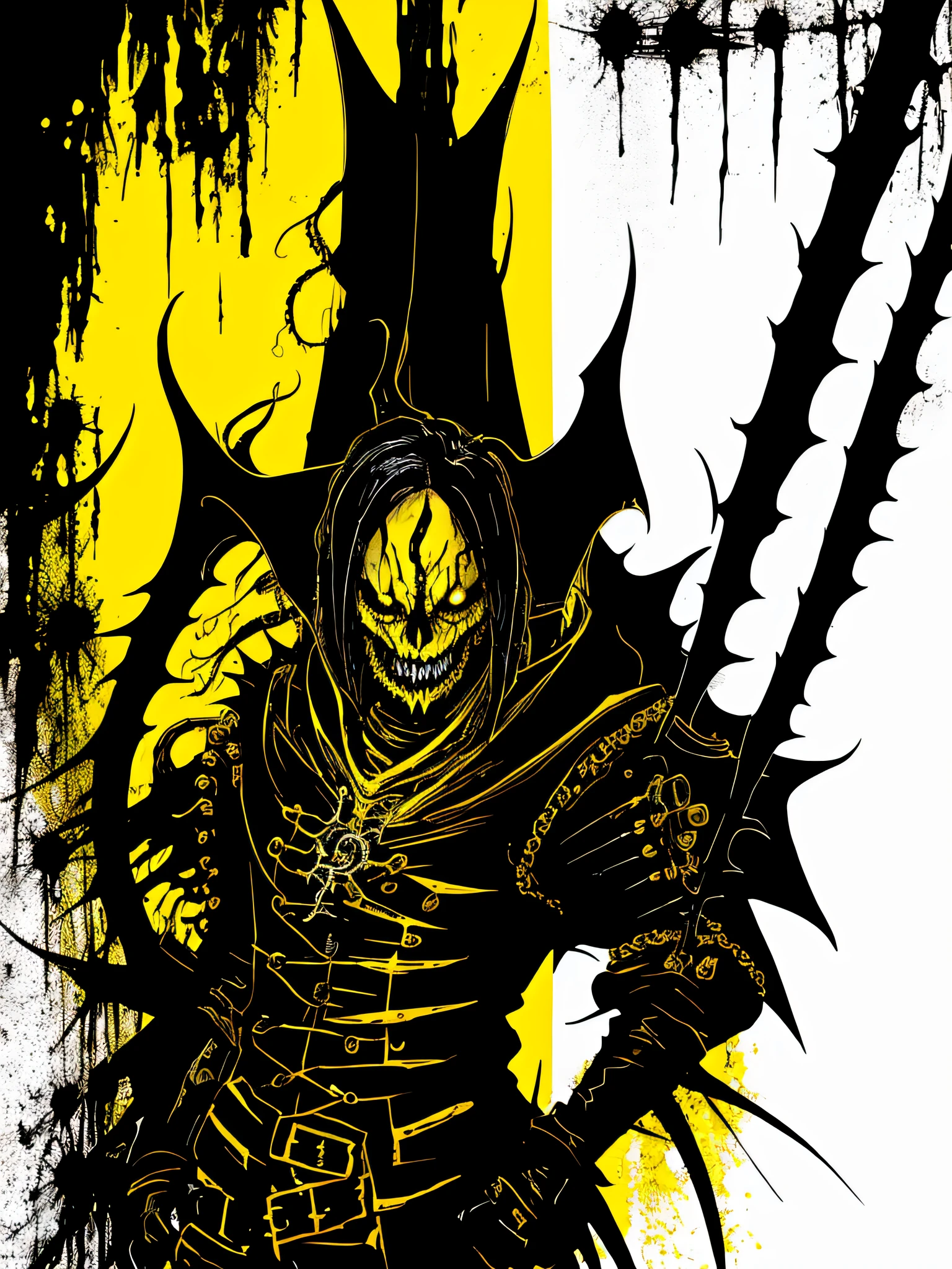 yellow and black, a medieval demon with sharp claws and tentacles, in the style of Mork Borg, strong contrast, grunge dirty punk splash art, black metal zine