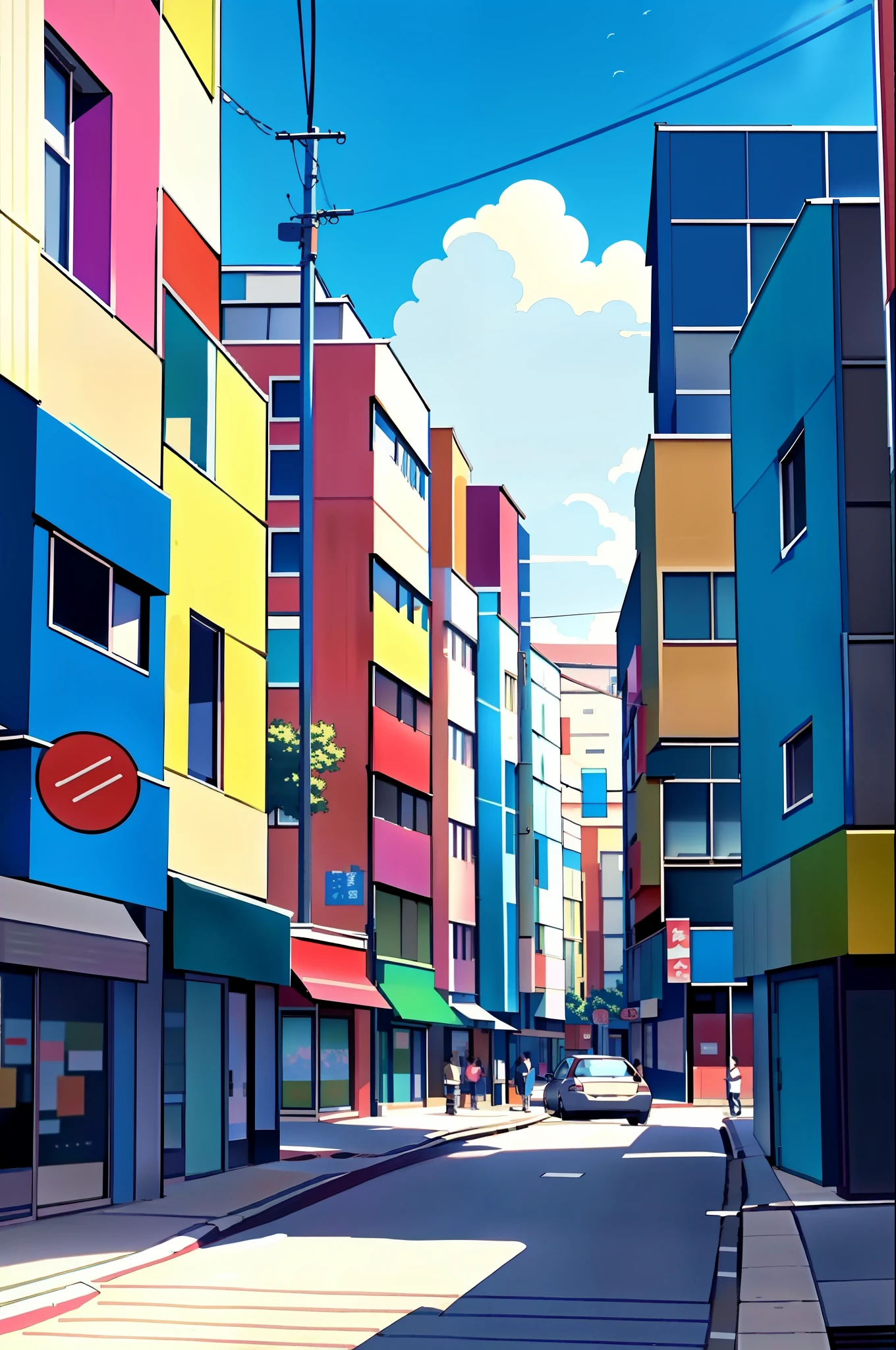 Generate an anime-style artwork depicting a bustling busy street scene with buildings in the background. The image should be colorful and in an anime art style. It should portray a daytime setting with a clear blue sky. The scene should capture the movement of cars passing by. The image should be captured at a low angle and have a 16:9 aspect ratio.