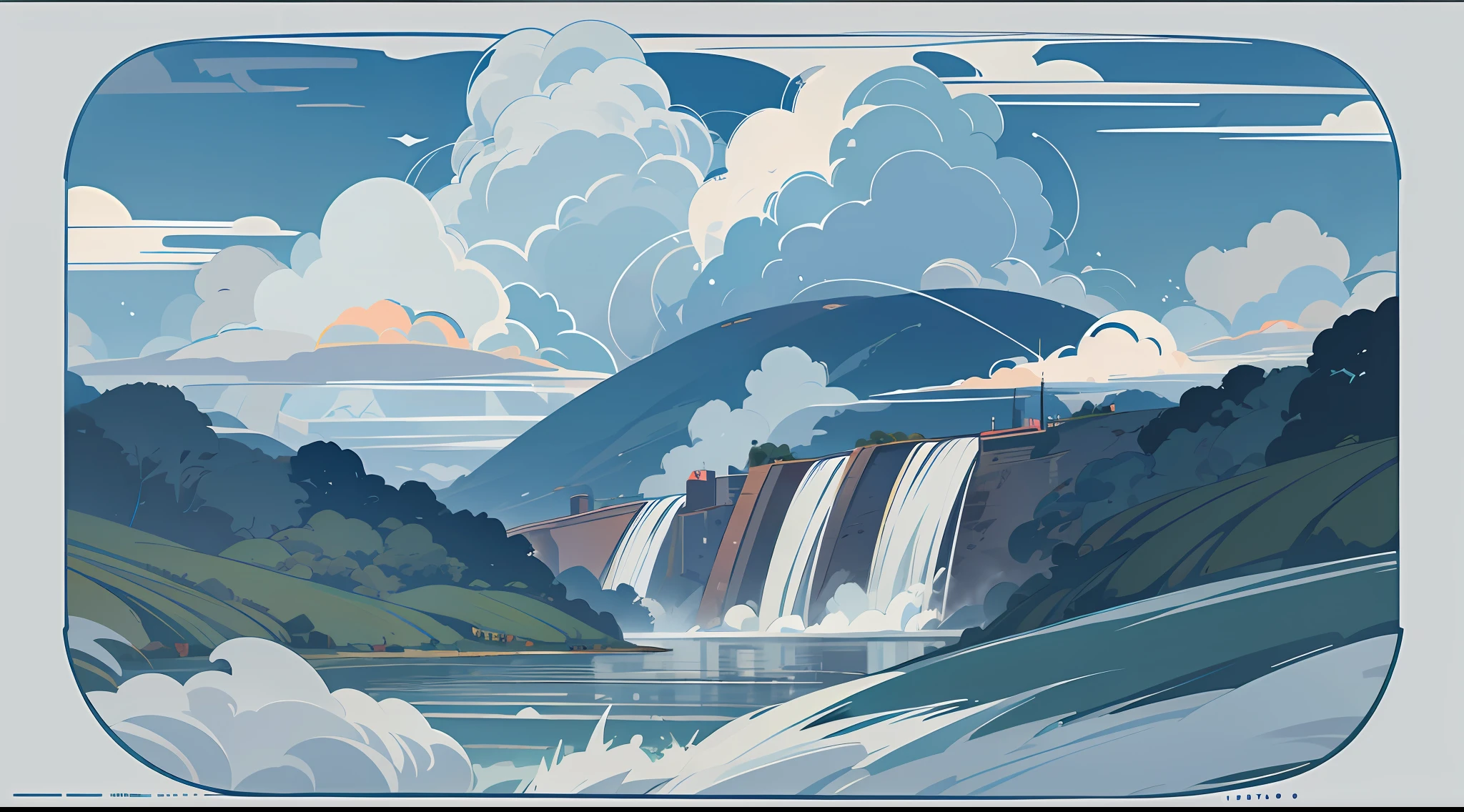 The vista, the clouds, the dam, the raging current. Illustration style, simple vector art,