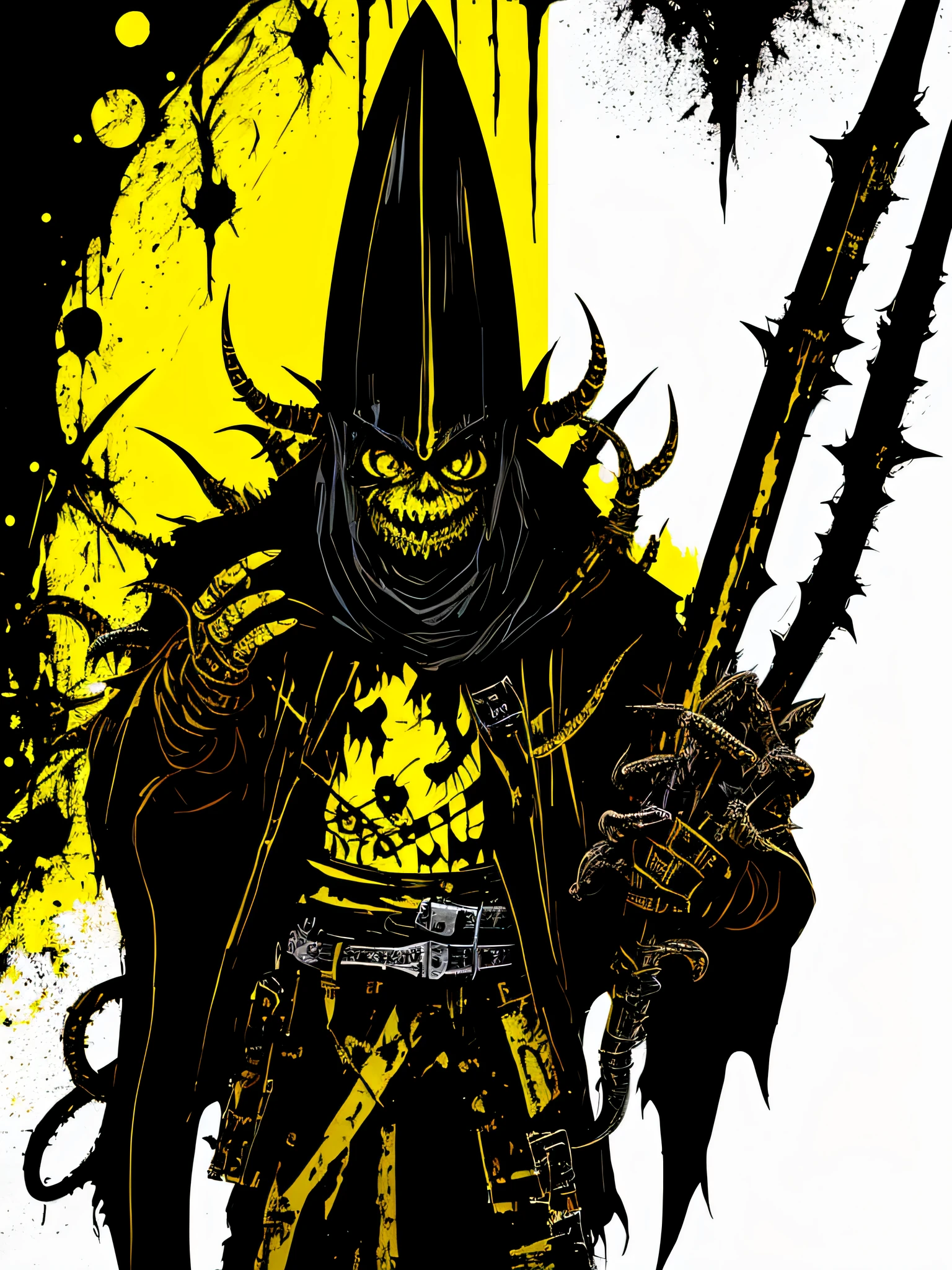 yellow and black, a medieval goblin with sharp claws and tentacles, in the style of Mork Borg, strong contrast, grunge dirty punk splash art, black metal zine