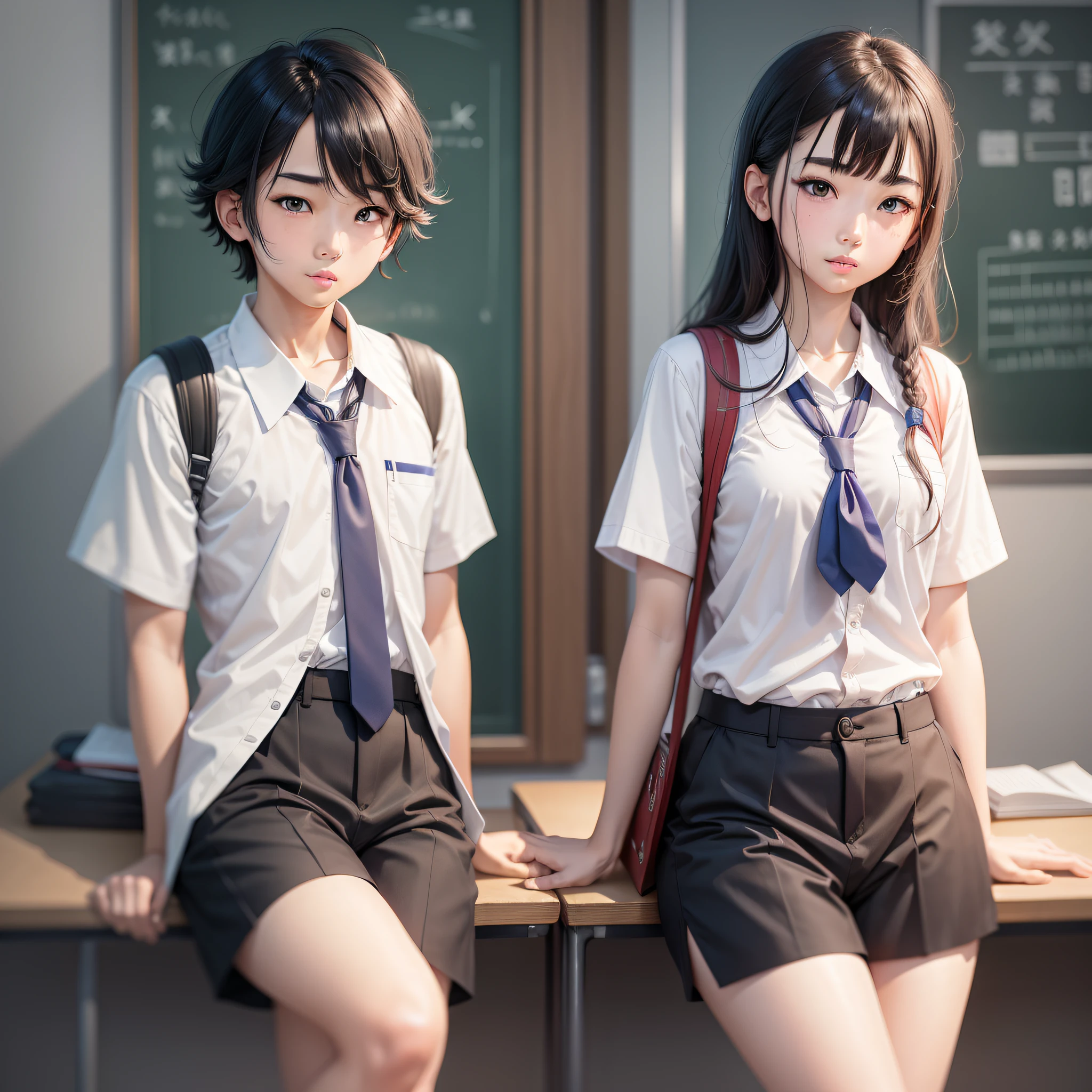 8K, Japan person, male student, uniform, tie, two people talking, classroom, shorts, white skin, high image quality