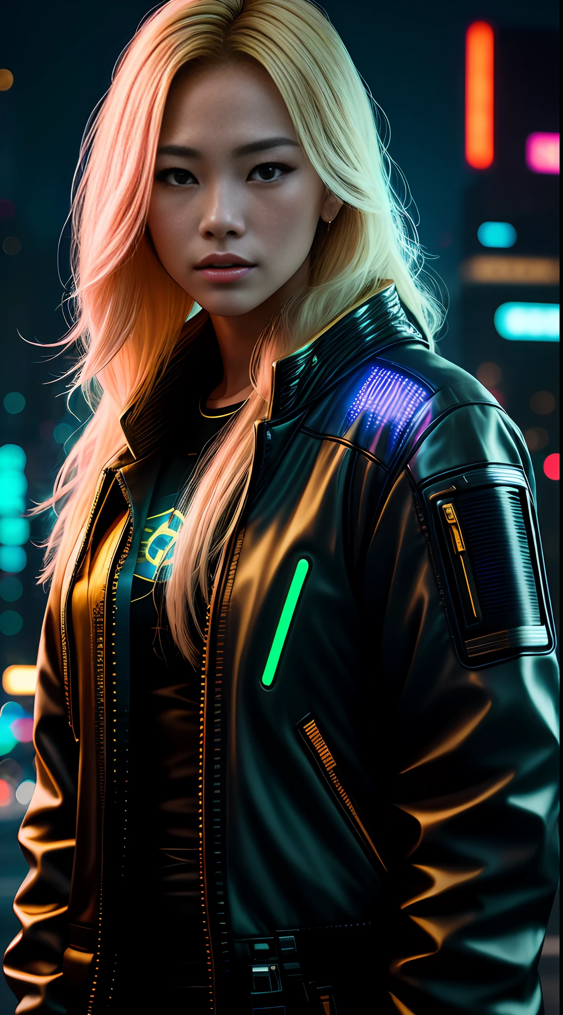 cyberpunk portrait photography, beautiful young thai woman with blonde hair looking off camera in glowing futuristic jacket, super realistic face, eyes visible through hair, proper eye position, natural skin, soft light, rim light, hips, in road side, detailed background, intricate , highly detail, octane render, HD, 8k, by Annie Leibovitz,120mm
