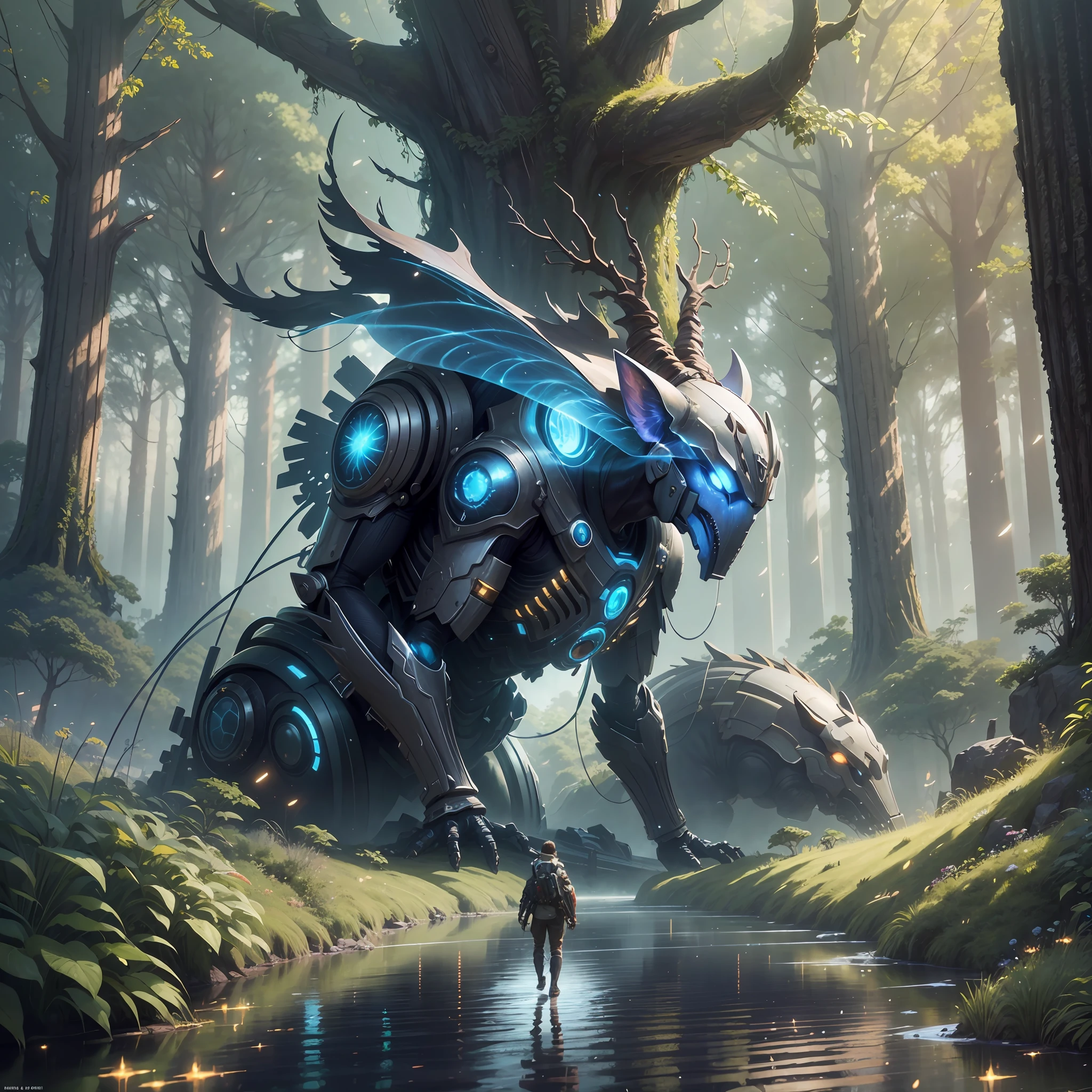 Masterpiece, best quality, (very detailed CG unity 8k wallpaper), (best quality), (best illustration), (best shadows), glow sprite, with a glowing deer, in the swimming pool Drinking water, natural elements in the forest theme. Mysterious forest, beautiful forest, nature, surrounded by flowers, delicate leaves and branches surrounded by fireflies (natural elements), (jungle theme), (leaves), (twigs), (fireflies), (particle effects) etc. 3D , Octane rendering, ray tracing, super detailedSky, Clouds, holding_weapon, no_humans, Glow, giant mechanical _ trees , city with tall trees _Architecture, “sky, cloud, glowing, big trees ,comunity,joy, ghost elephants, robot, cybernetic _trees, tree_mech, sci-fi, cityscape, realistic, mechanical” Science Fiction, Cities, Rendered in Octane, hyper realistic, 8k, epic composition, cinematic, octane render, artstation landscape vista photography by Carr Clifton & Galen Rowell, 16K resolution, Landscape veduta photo by Dustin Lefevre & tdraw, 8k resolution, detailed landscape painting by Ivan Shishkin, DeviantArt, Flickr, rendered in Enscape, Miyazaki, Nausicaa Ghibli, Breath of The Wild,,trending in artstation, cgsociety, 8k post-processing highly detailed,Junji Murakami, Mucha Klimt, Sharandula, Hiroshi Yoshida, Tom Bagshaw, Ross Tran, Artgerm,Craig Mullins,dramatic,Junji Murakami, moody lighting rendered by octane engine,characters 8K symmetrical arstation, cape,cinematic lighting, intricate details, 8k detail post processing, hyperealistic, octane rend, Zdzisław Beksiński style, ar 2:3 Reality Reality –auto –v6 –s2Finetuned Model Leon --auto --s2