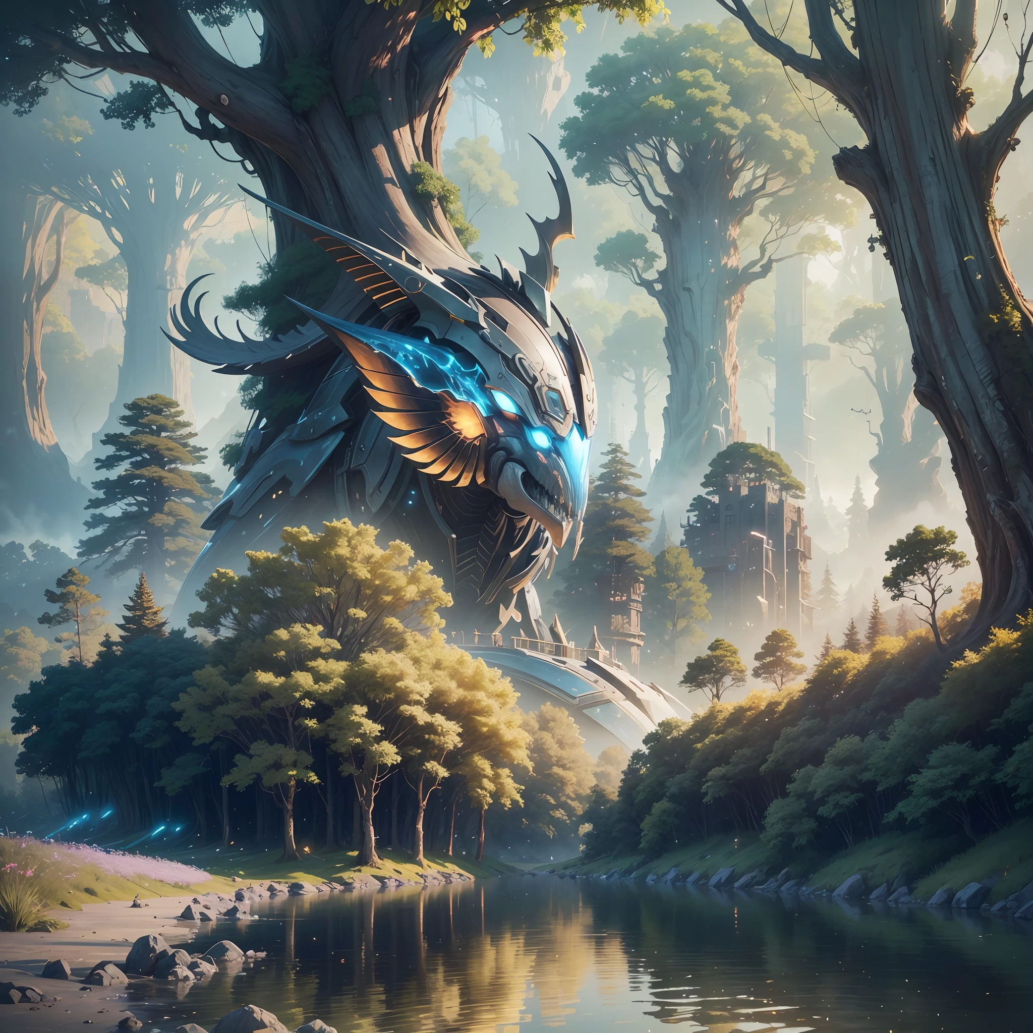 Masterpiece, best quality, (very detailed CG unity 8k wallpaper), (best quality), (best illustration), (best shadows), glow sprite, with a glowing deer, in the swimming pool Drinking water, natural elements in the forest theme. Mysterious forest, beautiful forest, nature, surrounded by flowers, delicate leaves and branches surrounded by fireflies (natural elements), (jungle theme), (leaves), (twigs), (fireflies), (particle effects) etc. 3D , Octane rendering, ray tracing, super detailedSky, Clouds, holding_weapon, no_humans, Glow, giant mechanical _ trees , city with tall trees _Architecture, “sky, cloud, glowing, big trees ,comunity,joy, ghost elephants, robot, cybernetic _trees, tree_mech, sci-fi, cityscape, realistic, mechanical” Science Fiction, Cities, Rendered in Octane, hyper realistic, 8k, epic composition, cinematic, octane render, artstation landscape vista photography by Carr Clifton & Galen Rowell, 16K resolution, Landscape veduta photo by Dustin Lefevre & tdraw, 8k resolution, detailed landscape painting by Ivan Shishkin, DeviantArt, Flickr, rendered in Enscape, Miyazaki, Nausicaa Ghibli, Breath of The Wild,,trending in artstation, cgsociety, 8k post-processing highly detailed,Junji Murakami, Mucha Klimt, Sharandula, Hiroshi Yoshida, Tom Bagshaw, Ross Tran, Artgerm,Craig Mullins,dramatic,Junji Murakami, moody lighting rendered by octane engine,characters 8K symmetrical arstation, cape,cinematic lighting, intricate details, 8k detail post processing, hyperealistic, octane rend, Zdzisław Beksiński style, ar 2:3 Reality Reality –auto –v6 –s2Finetuned Model Leon --auto --s2