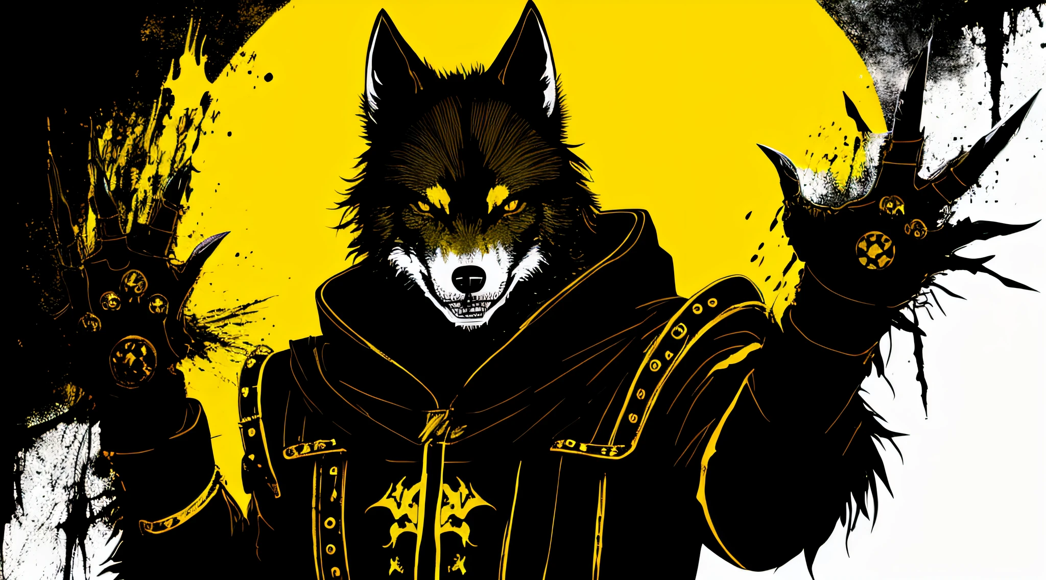 yellow and black, a medieval Werewolf, in the style of Mork Borg, strong contrast, grunge dirty punk splash art, zine black metal