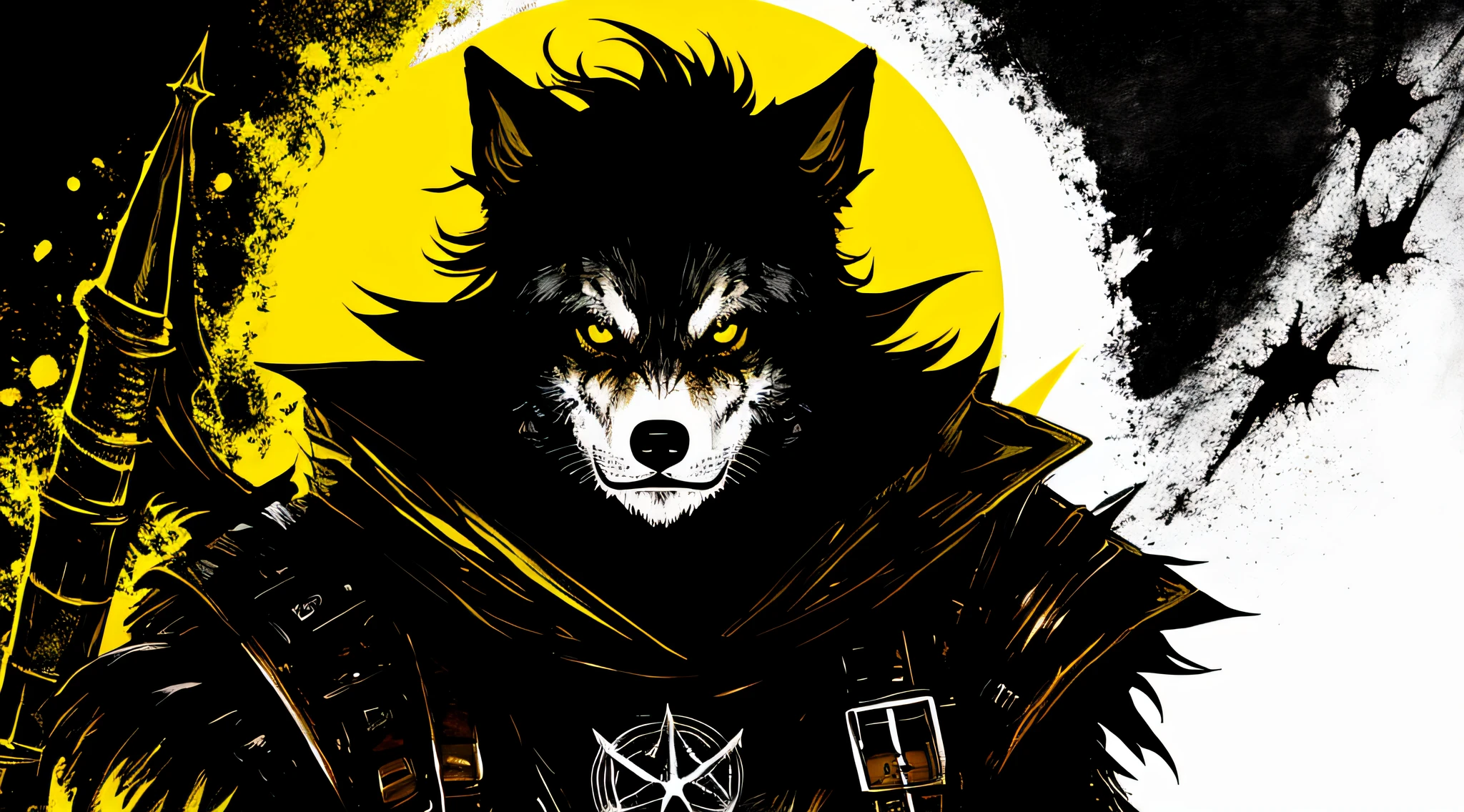yellow and black, a medieval Werewolf, in the style of Mork Borg, strong contrast, grunge dirty punk splash art, zine black metal