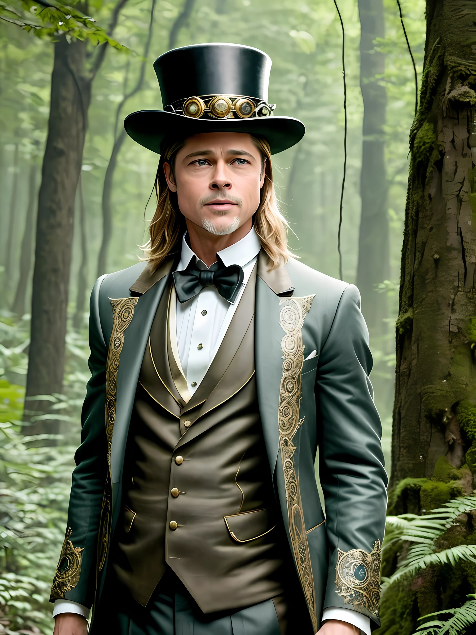 Brad Pitt: In a secluded and mystical forest, Brad Pitt stands among ancient ruins, dressed in a striking combination of a Victorian-era suit and a steampunk-inspired top hat. The ensemble is adorned with intricate clockwork gears and metallic accents, creating a fusion of historical fashion and futuristic elements. As the sunlight filters through the dense canopy, casting an ethereal glow, Brad Pitt's enigmatic presence adds an air of mystery to the surroundings. The forest, known for its whispered legends and hidden secrets, becomes the perfect backdrop for this enigmatic character in his unexpected attire, leaving viewers intrigued and captivated by the enigma he embodies.