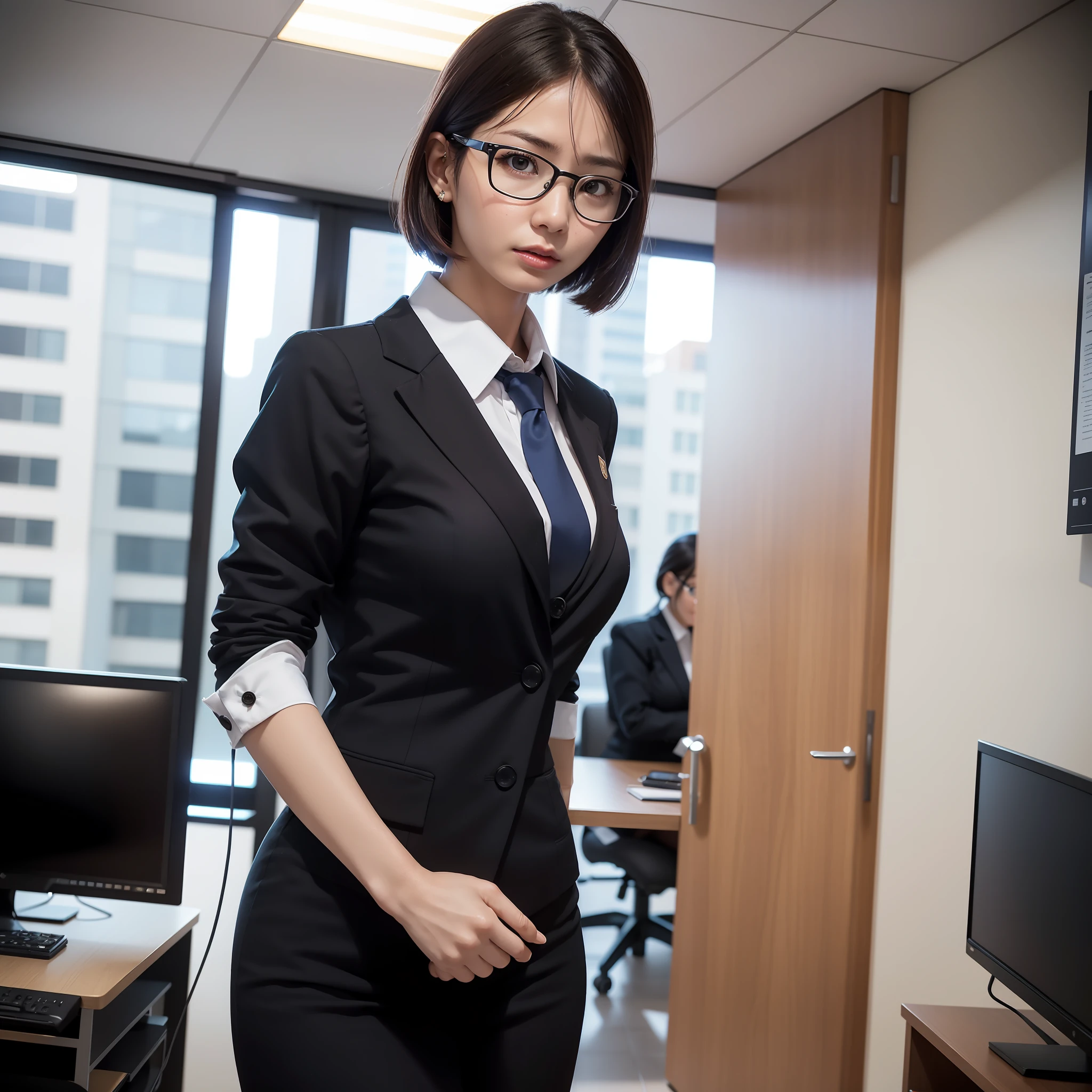 Arafe woman in office lady uniform posing for photo, anger, alone, solo, small, glasses, slim girl model photo, physical: Tinyest mid-life ever, female model, Japan female fashion model, Sakura Miyawaki, LE SSERAFIM, (8k, RAW photo, best quality, masterpiece: 1.2), (realistic, photorealistic: 1.37), ultra detail, ultra high definition, summer, office district, standing figure, whole body, (((SEXY)))
