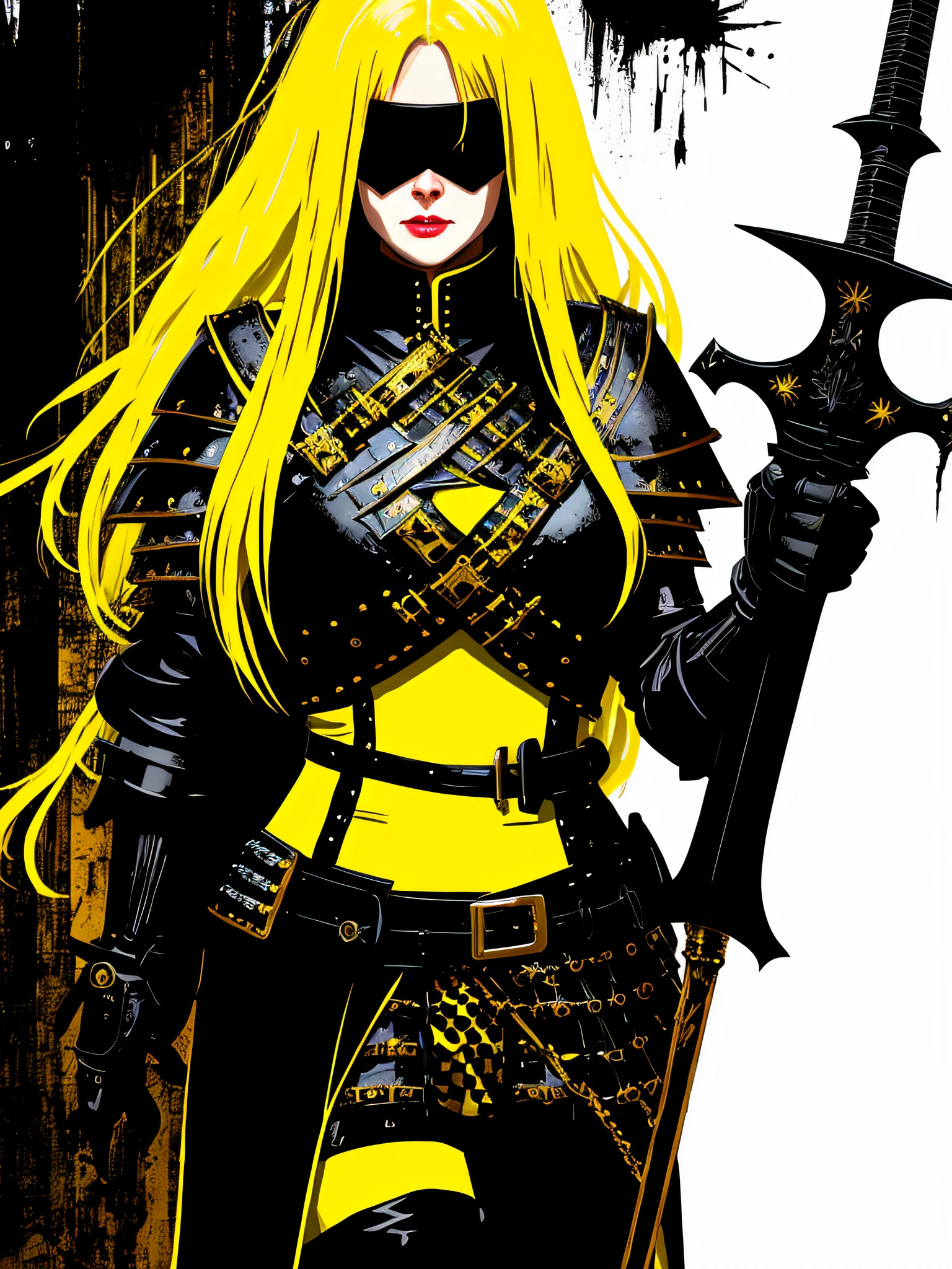 yellow and black, a medieval blonde woman black knight with a big sword, in the style of Mork Borg, strong contrast, grunge dirty punk splash art, zine black metal