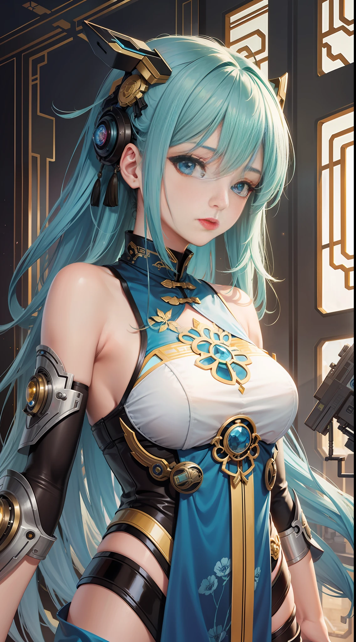 Sci-fi style, futuristic world, 1 girl, Chinese style, ancient costume, mechanical limbs, delicate face