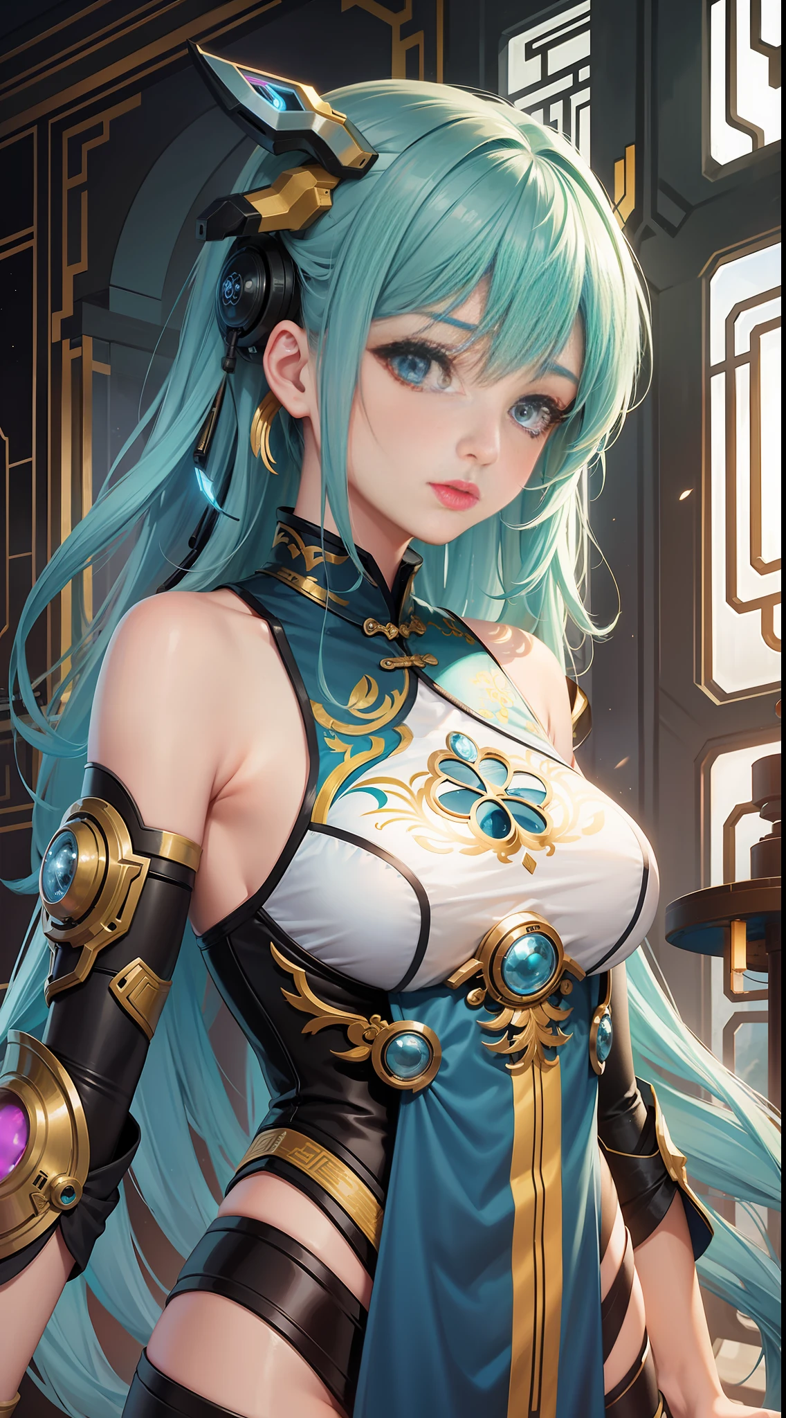 Sci-fi style, futuristic world, 1 girl, Chinese style, ancient costume, mechanical limbs, delicate face