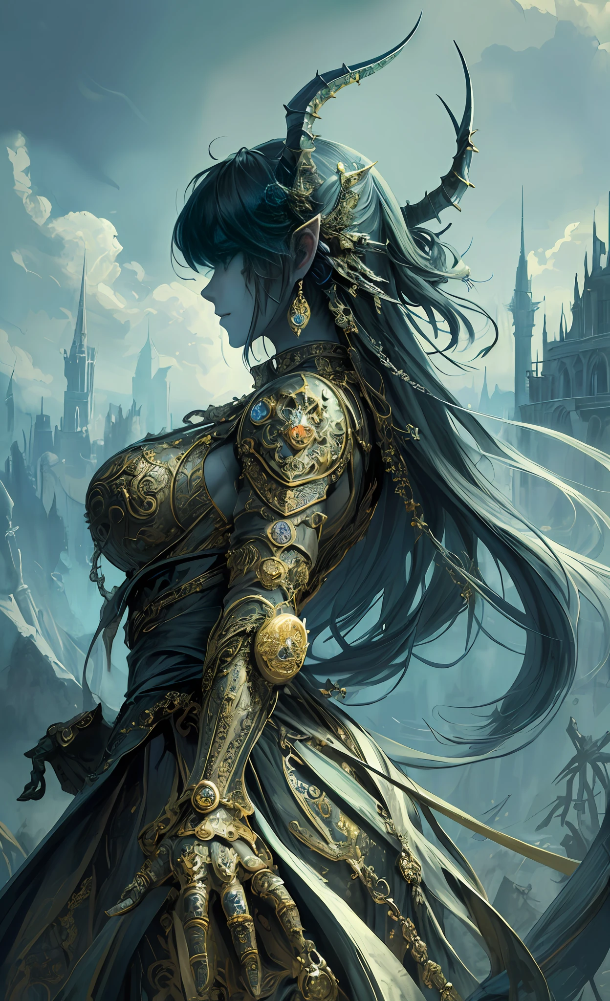 (((highest image quality, best quality, masterpiece, transcendent beauty))), the most detailed skin, back, profile, huge demon castle, post-apocalyptic world, mandala