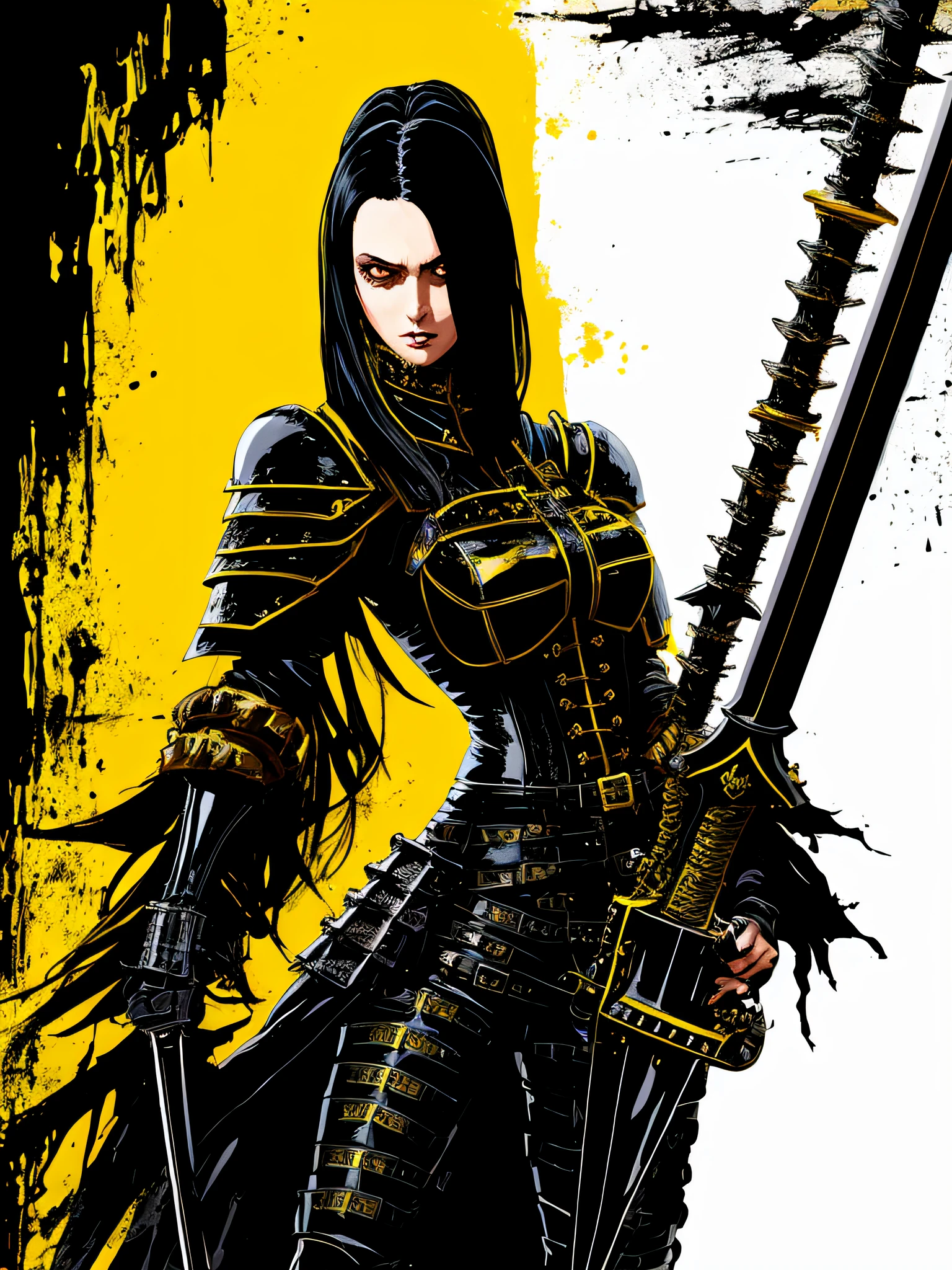 yellow and black, a medieval black curly hair woman black knight with a big sword, in the style of Mork Borg, strong contrast, grunge dirty punk splash art, zine black metal