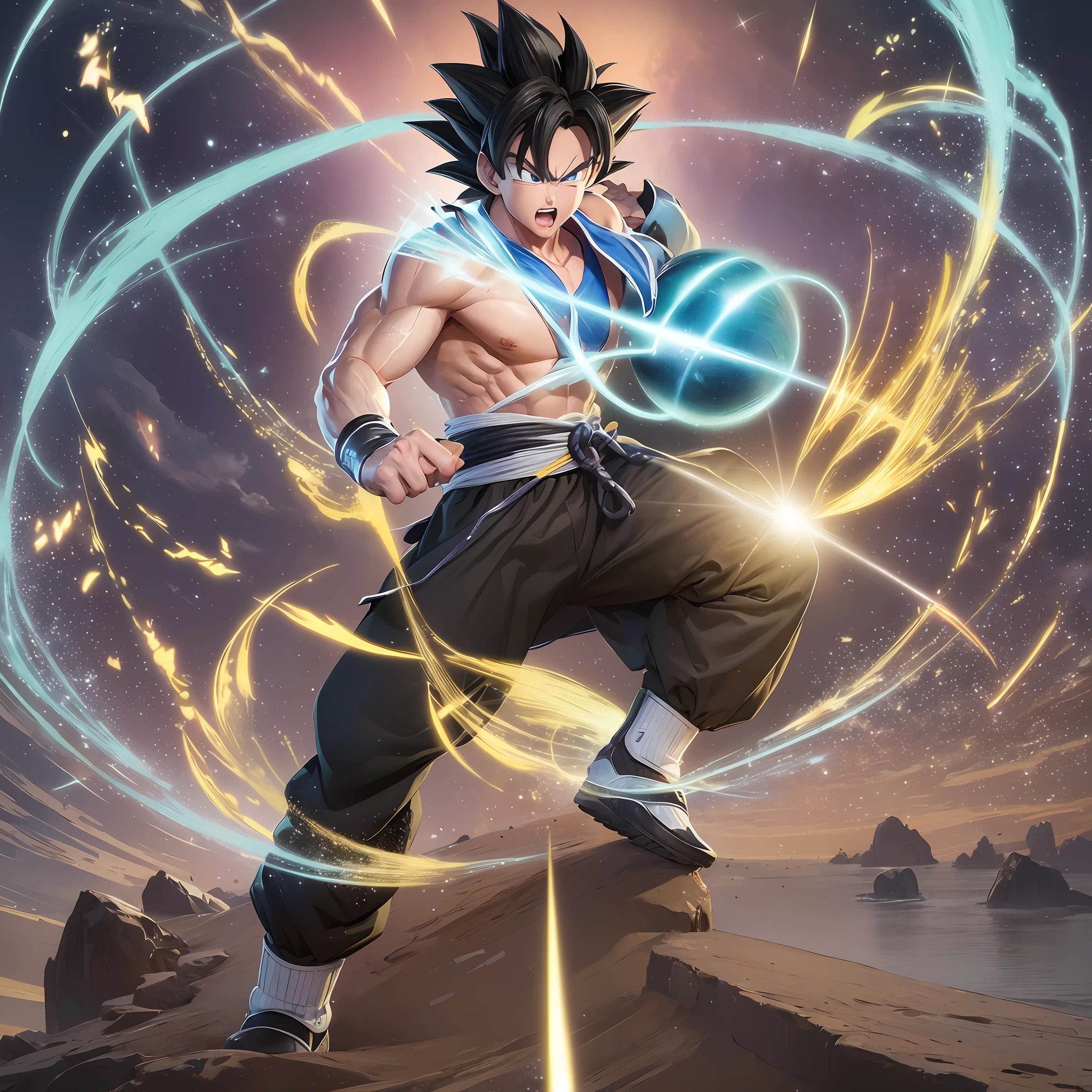 The (protagonist) Kakarot in the anime "Dragon Ball", (form) Super Saiyan 4, (light effect) has white light all over his body, and is (action emphasis) preparing to release (special move) turtle school qigong waves.