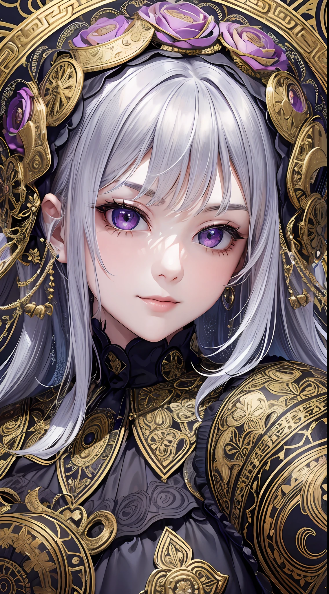 Background 8 figures 2, masterpiece, high resolution, paisley pattern wallpaper, intricately drawn paisley pattern, (small subject, wide background), 10,000 colors, colorful, craftsmanship, 1 girl, 9 life, looking at the viewer, smiling, silver hair,, diamond ornaments, (closeup to viewer:0.1), colorful decoration, Grains of light dancing, detailed Gothic style (Maximalism: 1.5), diffused lighting, (depth of field: 1.8), Gothic Lolita, diffuse reflection of light, ((Background: 80%)), (Background: 70% Person: 30%)))