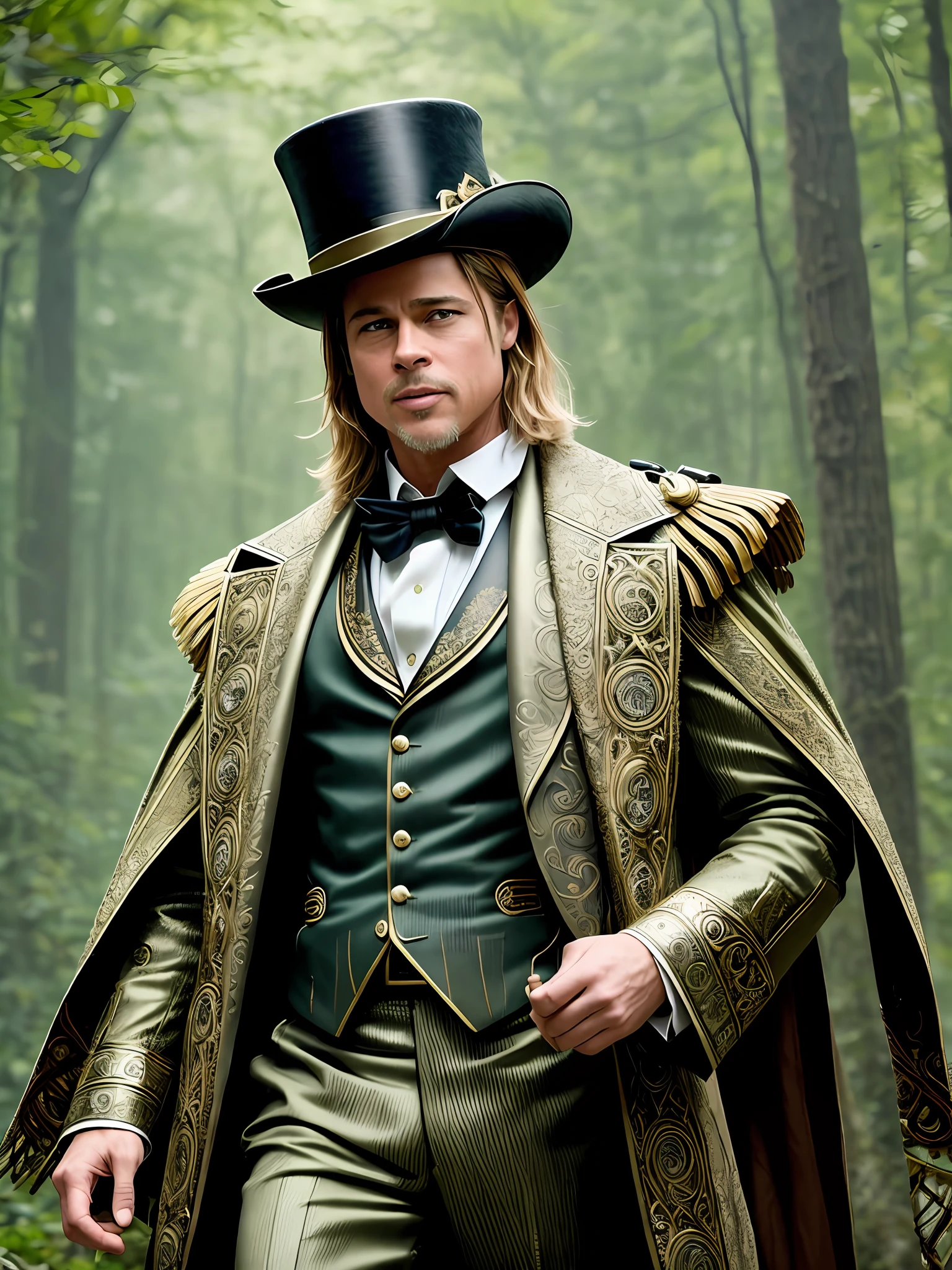 Brad Pitt: In a secluded and mystical forest, Brad Pitt stands among ancient ruins, dressed in a striking combination of a Victorian-era suit and a steampunk-inspired top hat. The ensemble is adorned with intricate clockwork gears and metallic accents, creating a fusion of historical fashion and futuristic elements. As the sunlight filters through the dense canopy, casting an ethereal glow, Brad Pitt's enigmatic presence adds an air of mystery to the surroundings. The forest, known for its whispered legends and hidden secrets, becomes the perfect backdrop for this enigmatic character in his unexpected attire, leaving viewers intrigued and captivated by the enigma he embodies.