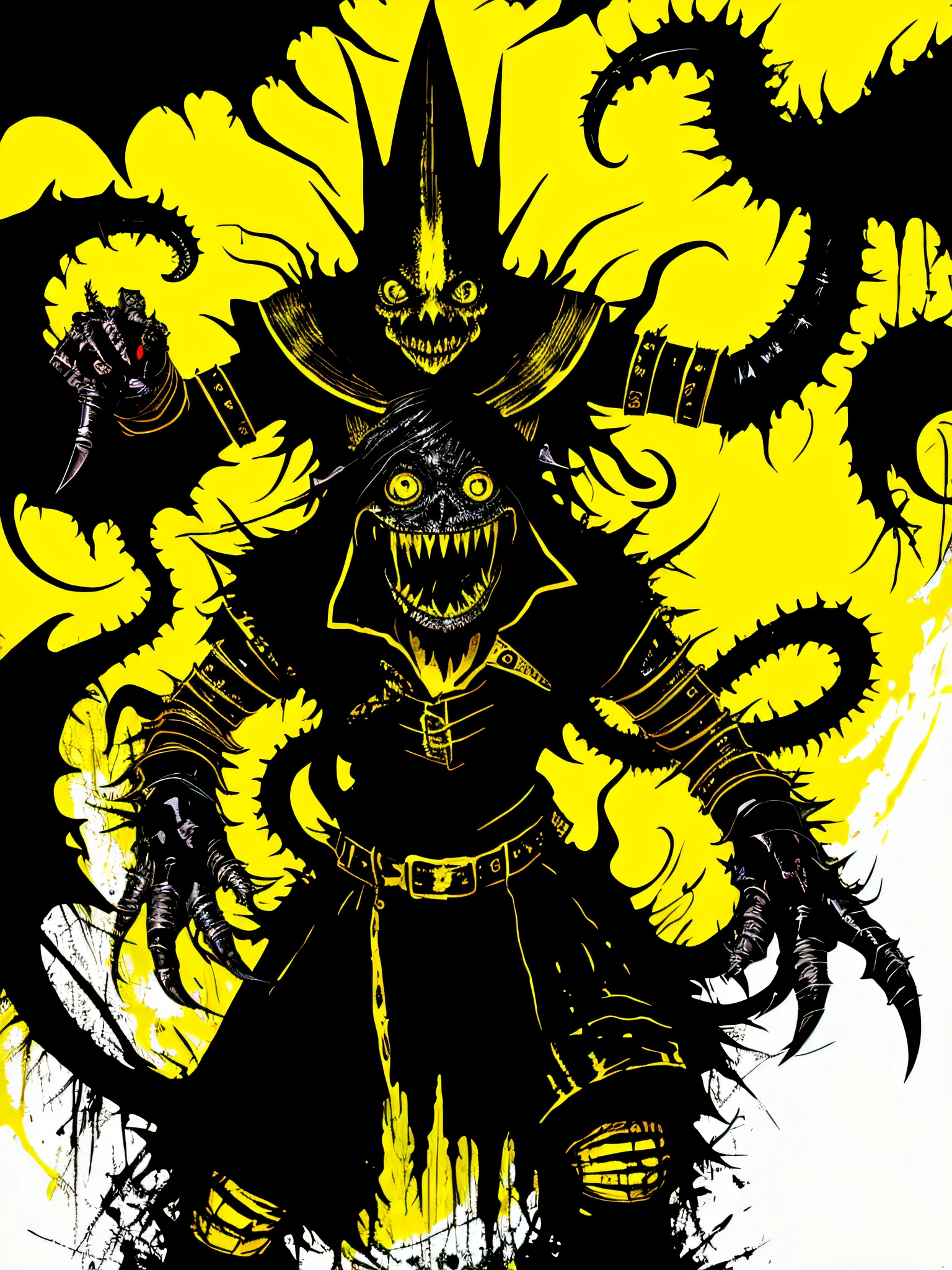 yellow and black, a medieval goblin with sharp claws and tentacles, in the style of Mork Borg, strong contrast, grunge dirty punk splash art, black metal zine