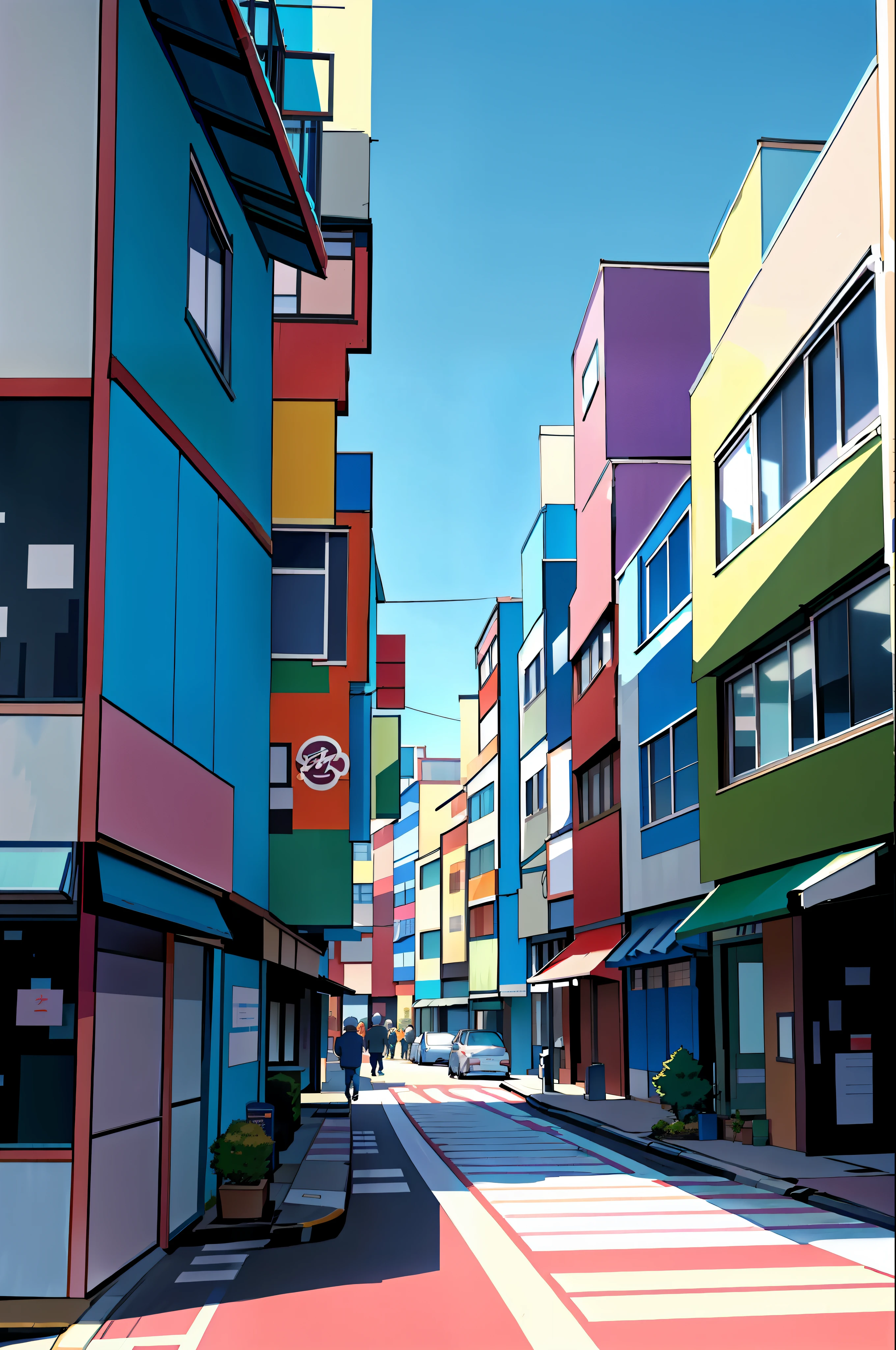 Generate an anime-style artwork depicting a bustling busy street scene with buildings in the background. The image should be colorful and in an anime art style. It should portray a daytime setting with a clear blue sky. The scene should capture the movement of cars passing by. The image should be captured at a low angle and have a 16:9 aspect ratio.