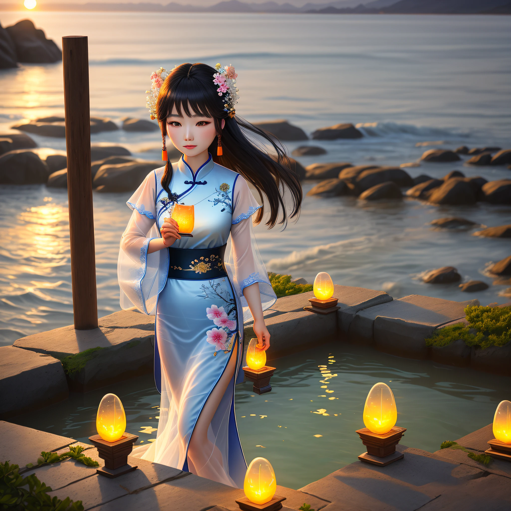 Beautiful Chinese woman, seaside, flowers, transparent glowing stones, sunset, starry river