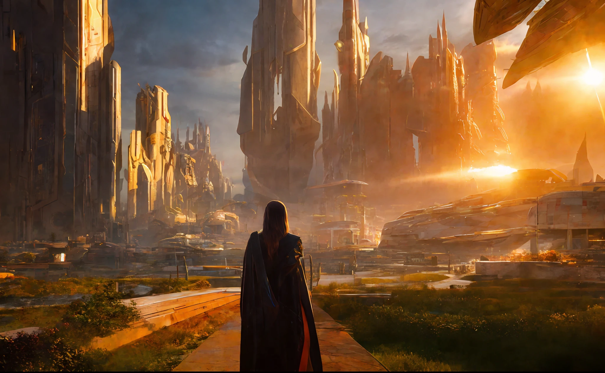 girl on the background of the city, style, Sidon, golden rays light, golden flashes, futuristic sci-fi city landscape, sci-fi, ultra-realistic, high resolution, city