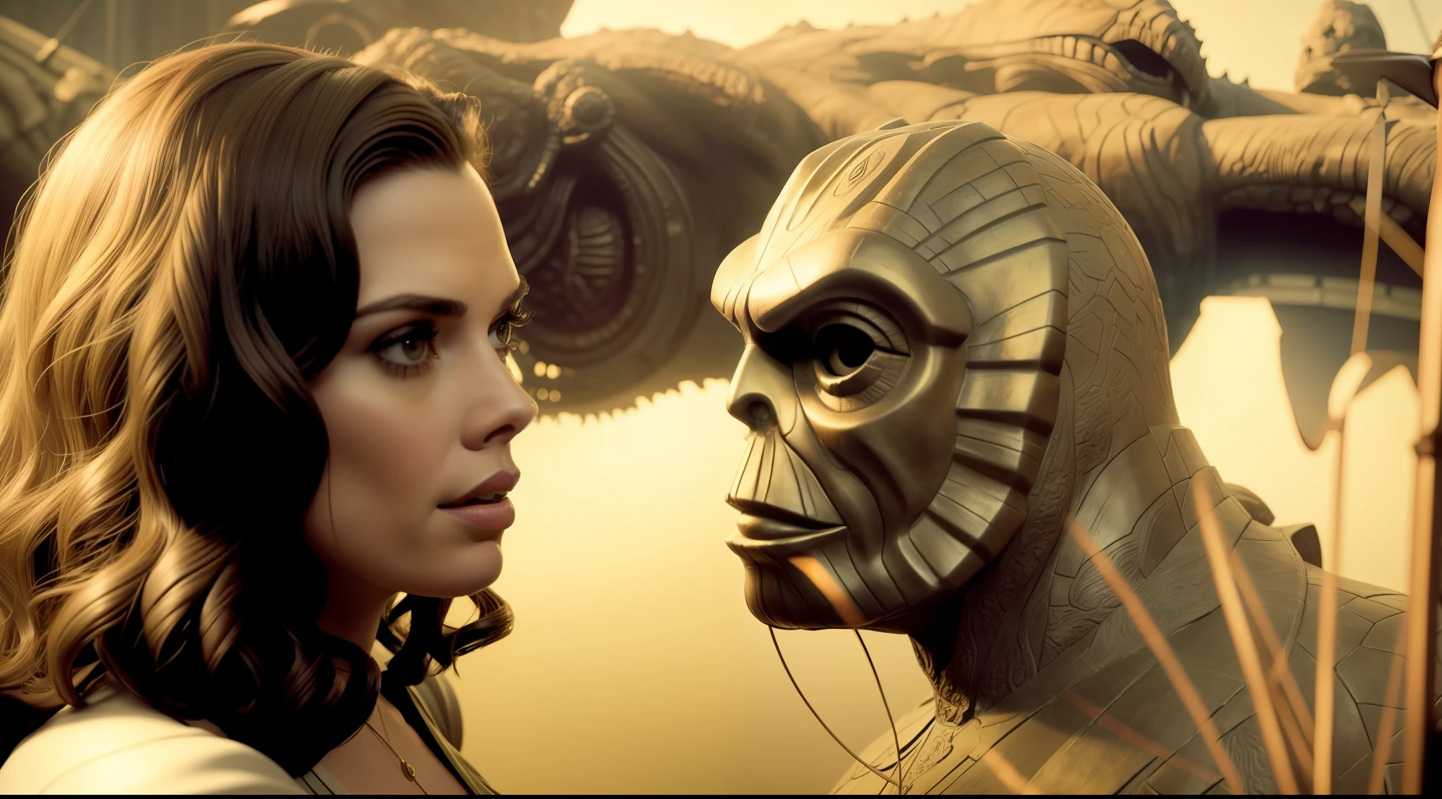 a woman (Hayley Atwell) standing next to a statue of a creature, a surrealist sculpture by Guillermo del Toro, trending on zbrush central, video art, lovecraftian, movie still, reimagined by industrial light and magic