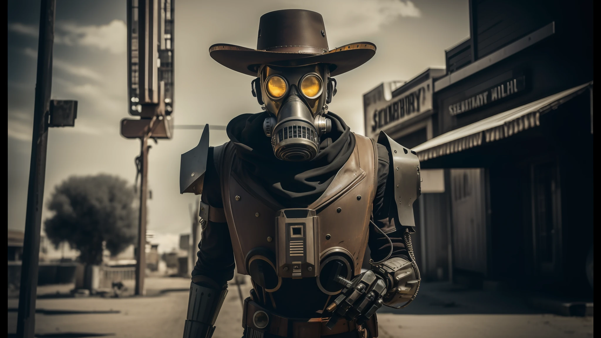 arafed man in a gas mask and hat with a gun, cyberpunk wild west, humanoid robot, sony a7iii, normal people with costumes, character close-up, lucky luke, full length character, real life characters, terminator skeleton, old sepia photography, at high noon