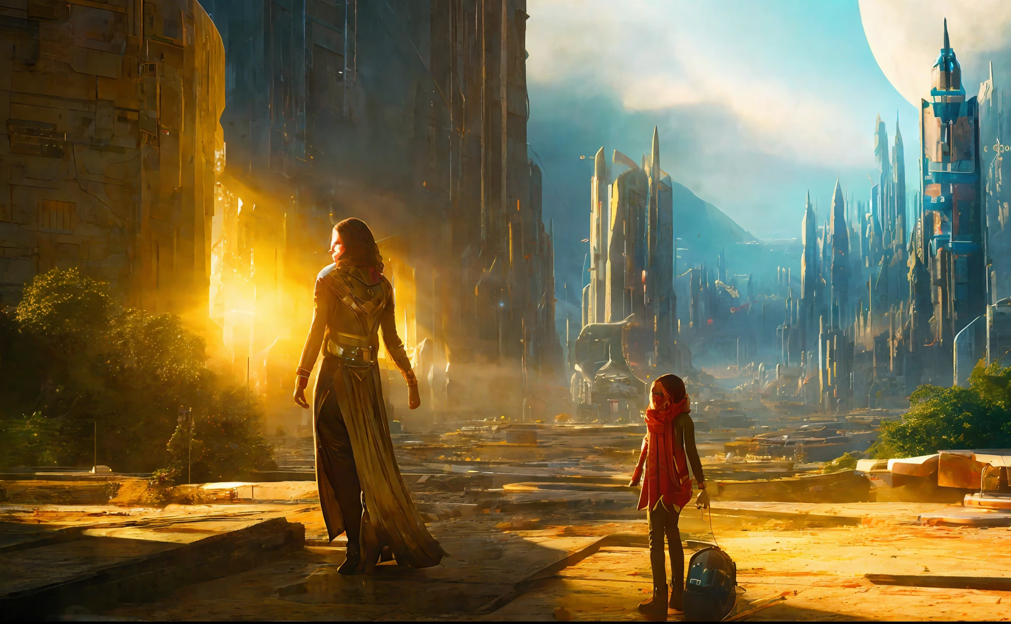 girl on the background of the city, style, Sidon, golden rays light, golden flashes, futuristic sci-fi city landscape, sci-fi, ultra-realistic, high resolution, city