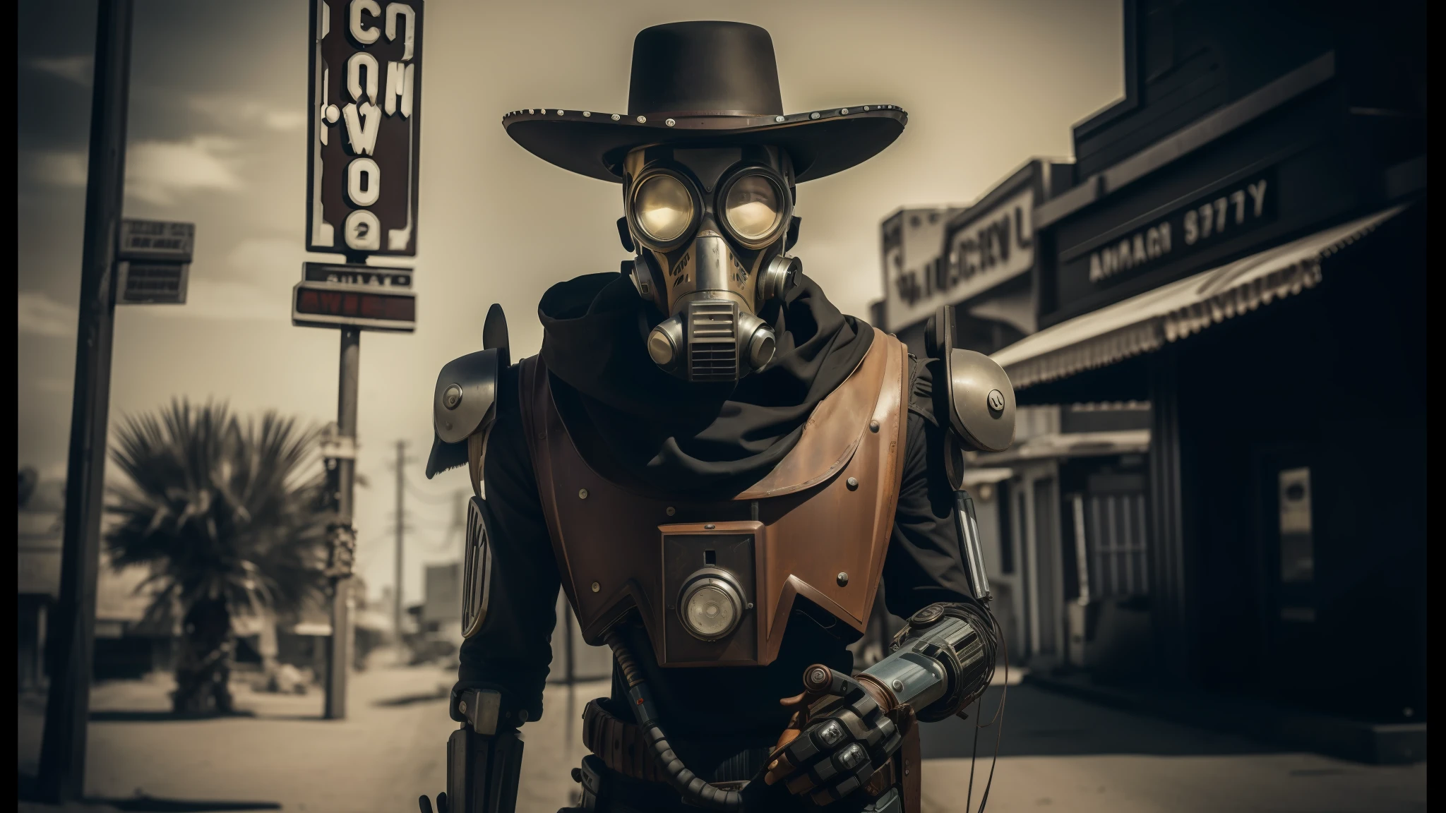 arafed man in a gas mask and hat with a gun, cyberpunk wild west, humanoid robot, sony a7iii, normal people with costumes, character close-up, lucky luke, full length character, real life characters, terminator skeleton, old sepia photography, at high noon