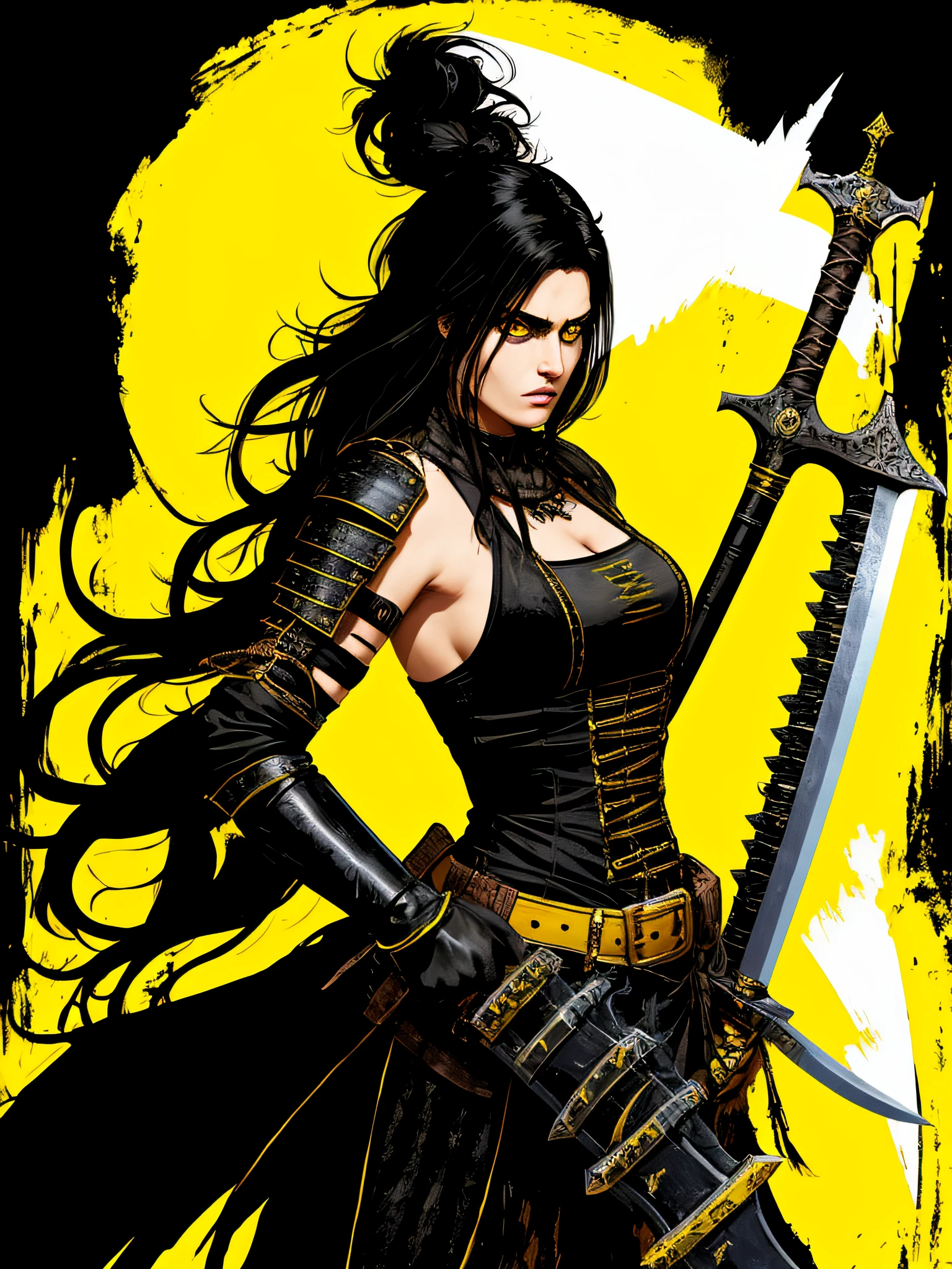 yellow and black, a medieval hair woman barbarian with a big sword, in the style of Mork Borg, strong contrast, grunge dirty punk splash art, zine black metal