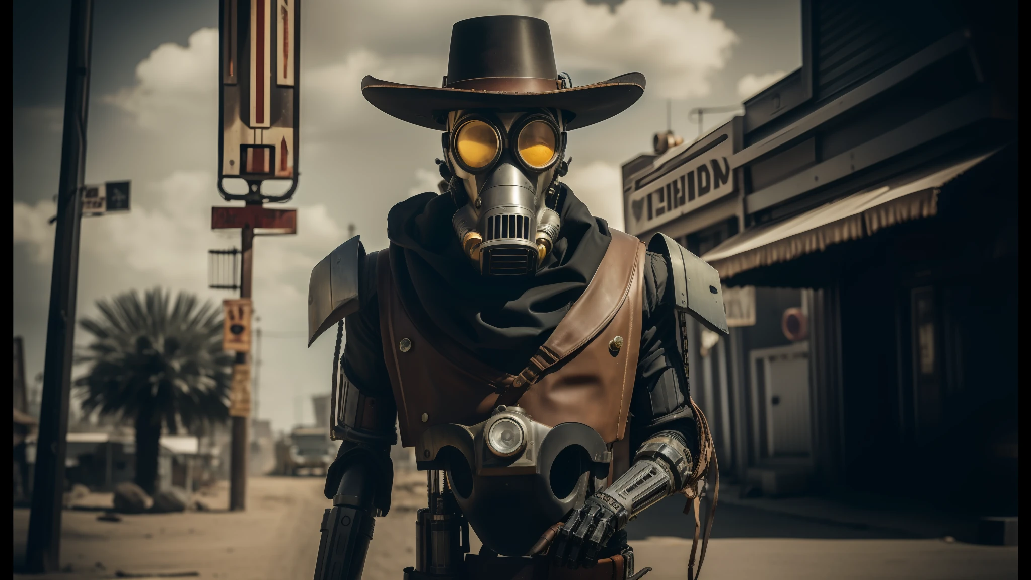 arafed man in a gas mask and hat with a gun, cyberpunk wild west, humanoid robot, sony a7iii, normal people with costumes, character close-up, lucky luke, full length character, real life characters, terminator skeleton, old sepia photography, at high noon