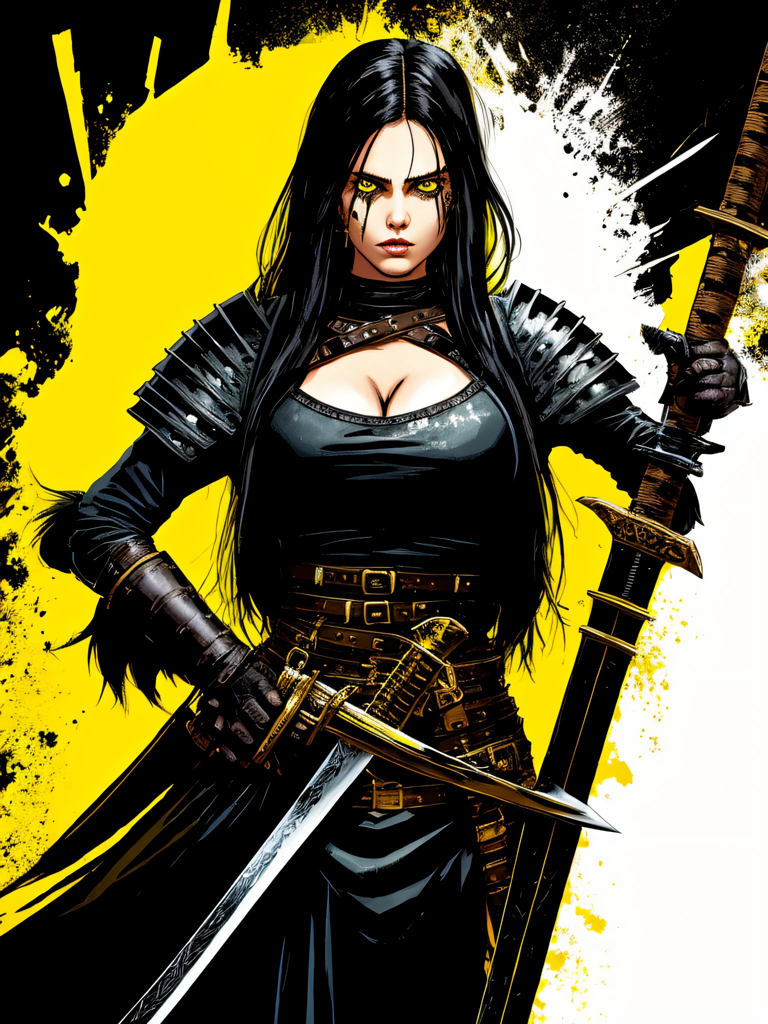 yellow and black, a medieval hair woman barbarian with a big sword, in the style of Mork Borg, strong contrast, grunge dirty punk splash art, zine black metal