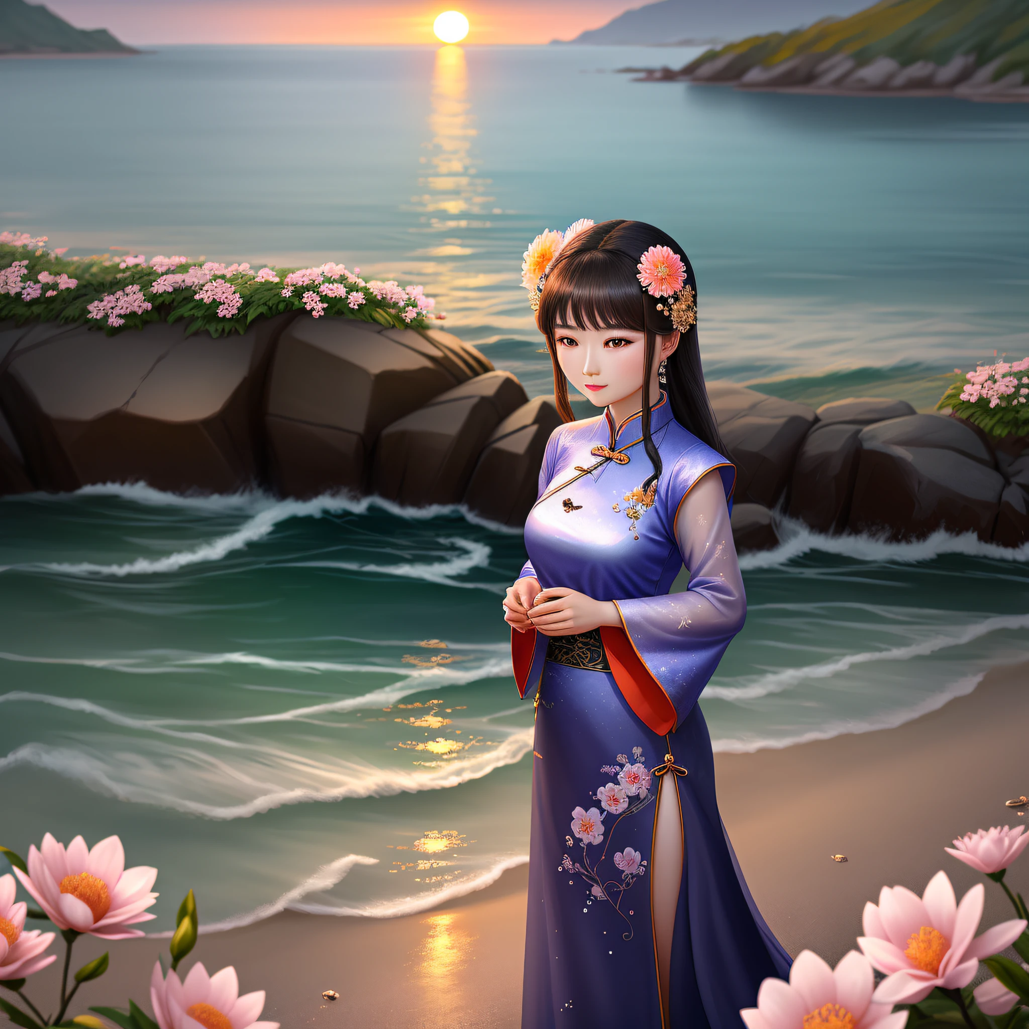 Beautiful Chinese woman, seaside, flowers, transparent glowing stones, sunset, starry river